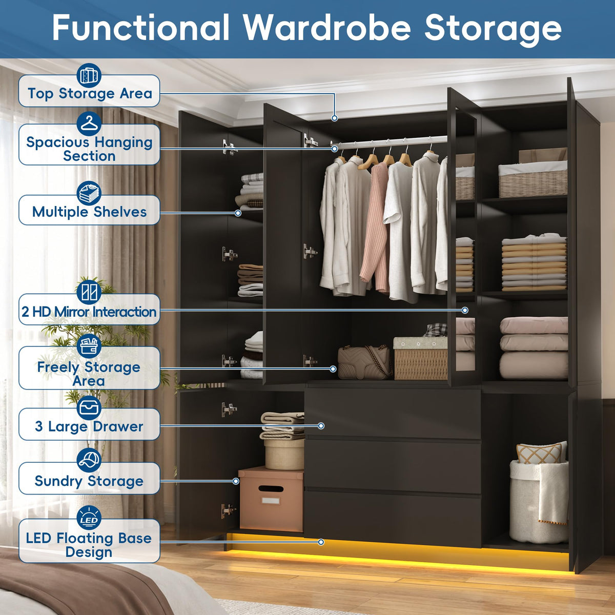 75" Tall Modern Wardrobe Closet with 2 Mirrors,LED Lights, 63"W Armoire Wardrobe Cabinet with 3 Drawers, Hanging Rod,Shelves, Freestanding Bedroom Storage Closet, Wooden Clothing Organizer, Black