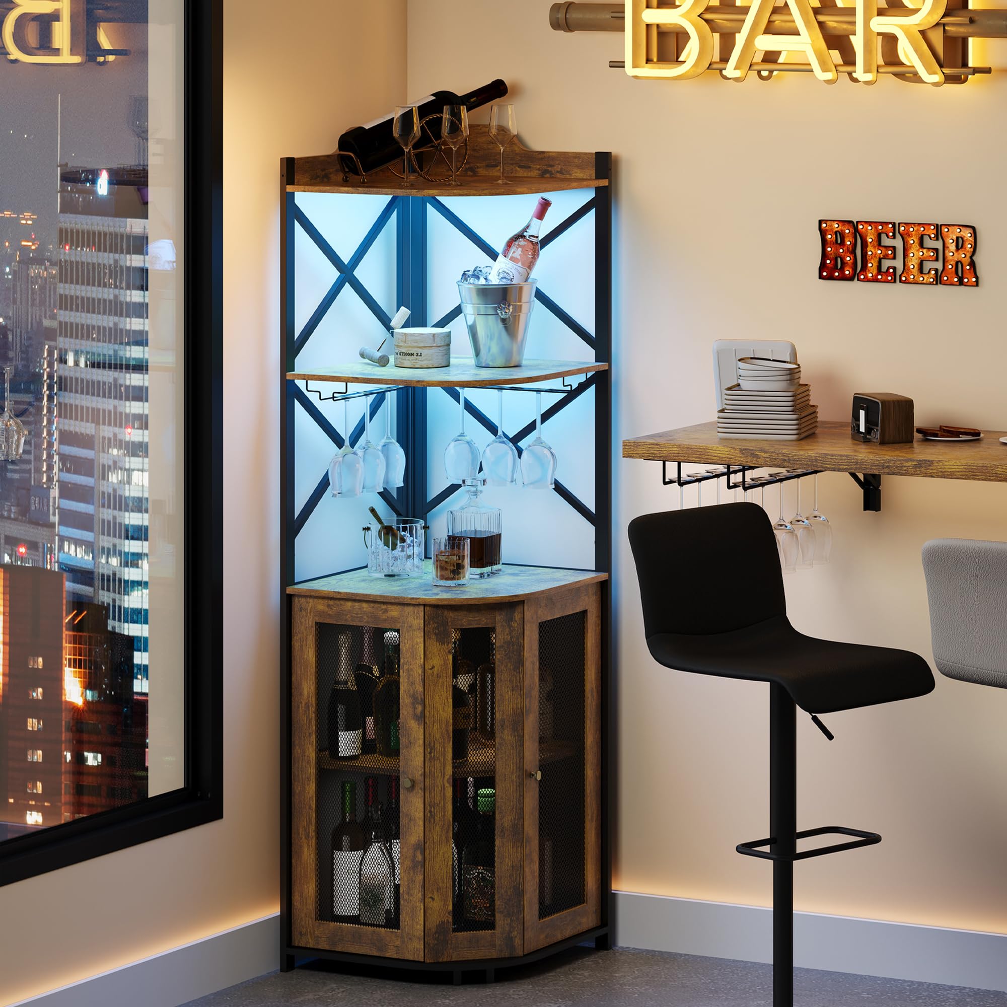 5-Tier Corner Bar Cabinet with LED Lights & Glass Holder