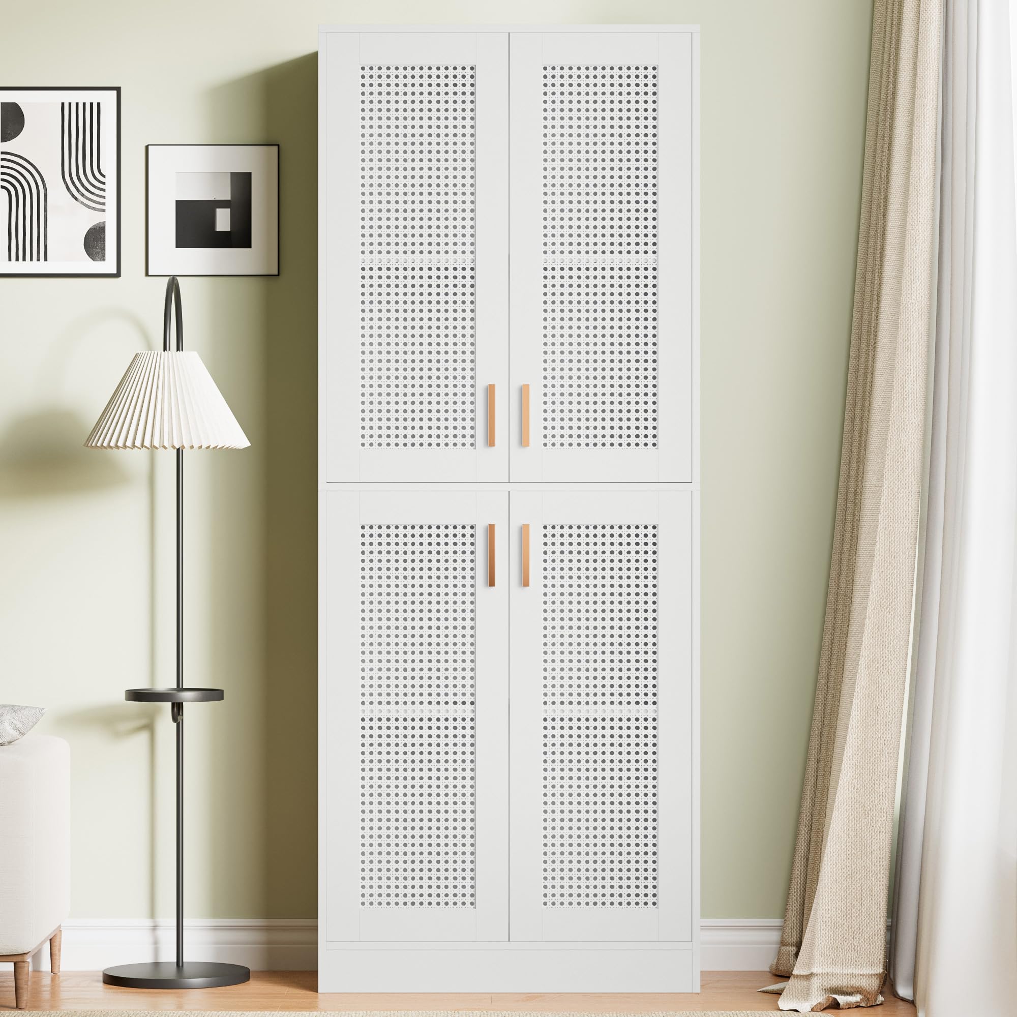 Cozy Castle Kitchen Pantry Cabinet, 71" Tall Rattan Doors Storage Cabinet and Adjustable Shelves, Modern Farmhouse Wood Cupboard Utility Hutch for Kitchen, Dining Room, Living Room (White)