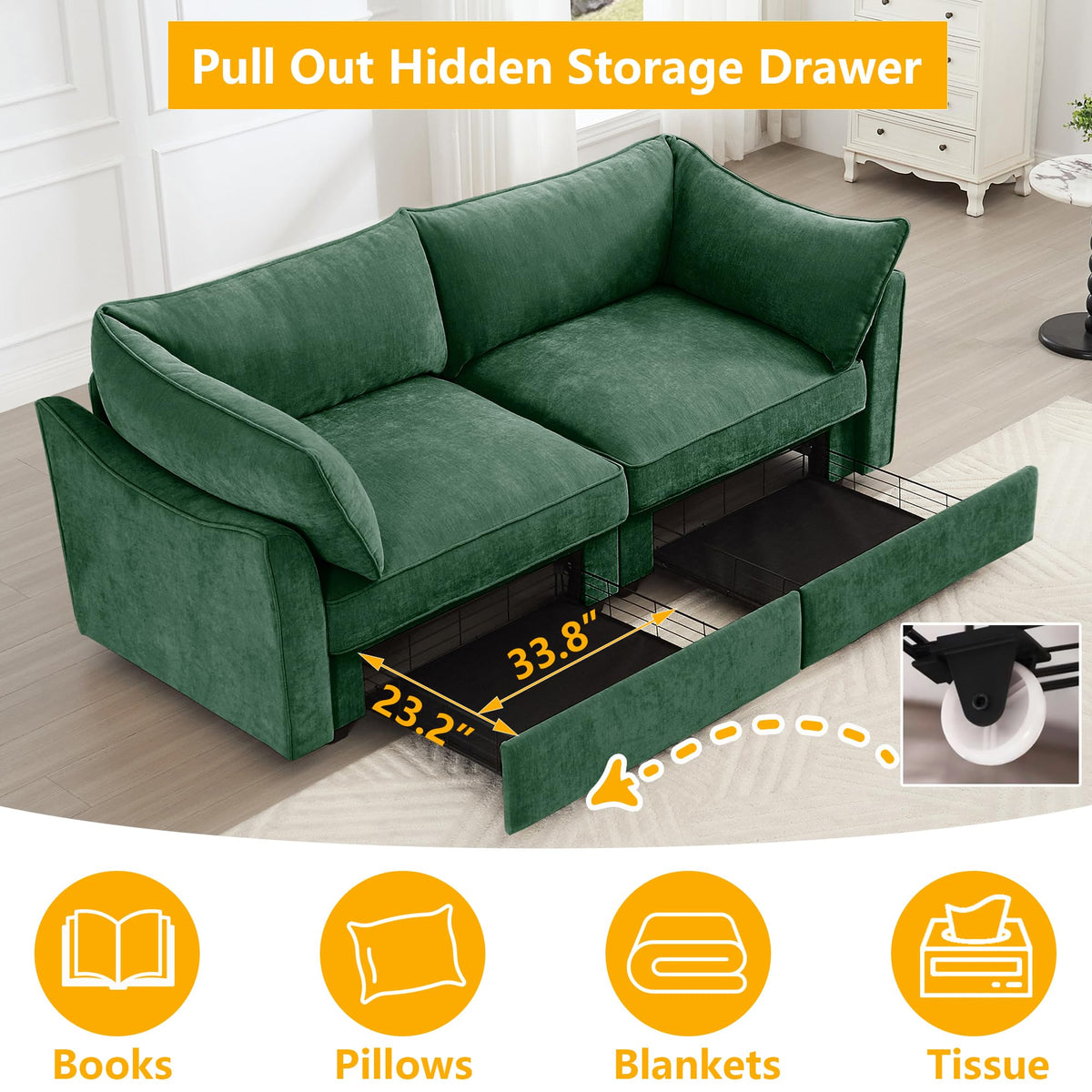 Green Chenille Storage Loveseat