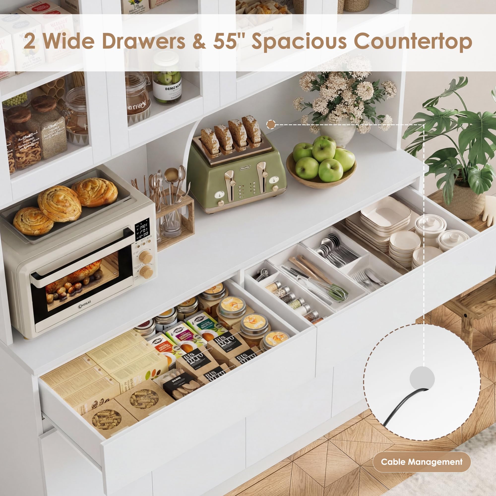Kitchen Pantry Storage Cabinet with Glass Doors