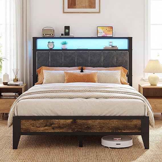Metal Platform Bed Frame with LED Headboard & Charging Station
