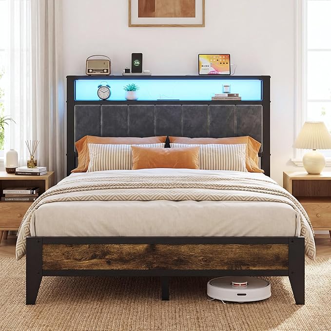 King Platform Bed Frame with LED Headboard & Charging Station