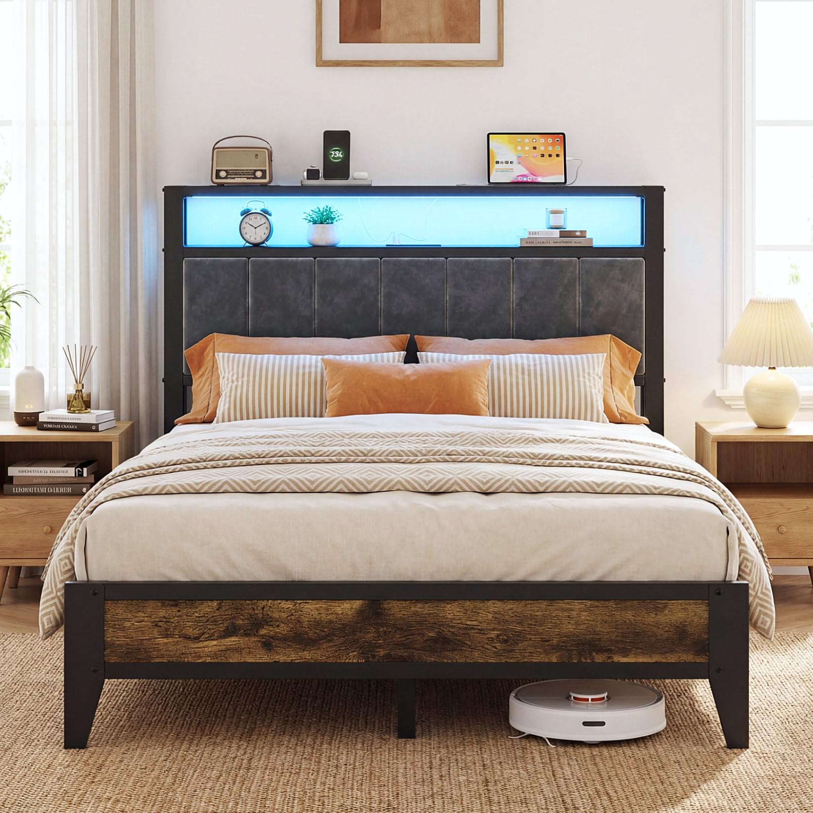 Metal Platform Bed Frame with LED Headboard & Charging Station