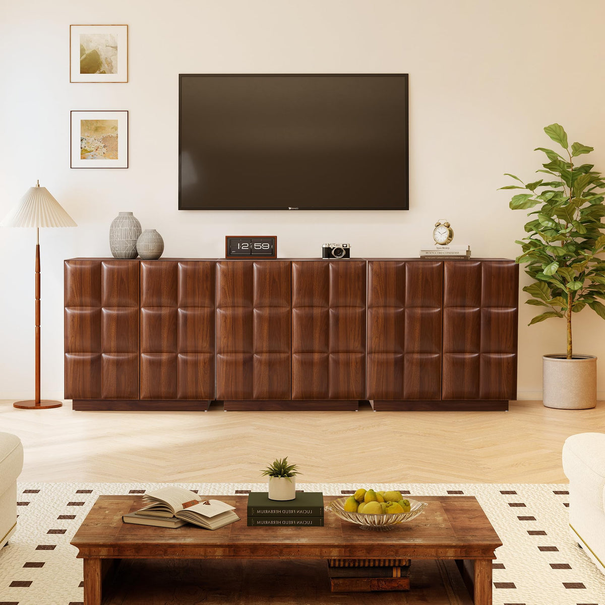 XUZENEST Set of 3 Sideboard Buffet Cabinet with Storage, Modern Accent Cabinets with Adjustable Shelves, 6 Doors Coffee Bar Buffet Table Credenza for Living Room Kitchen Hallway,Walnut
