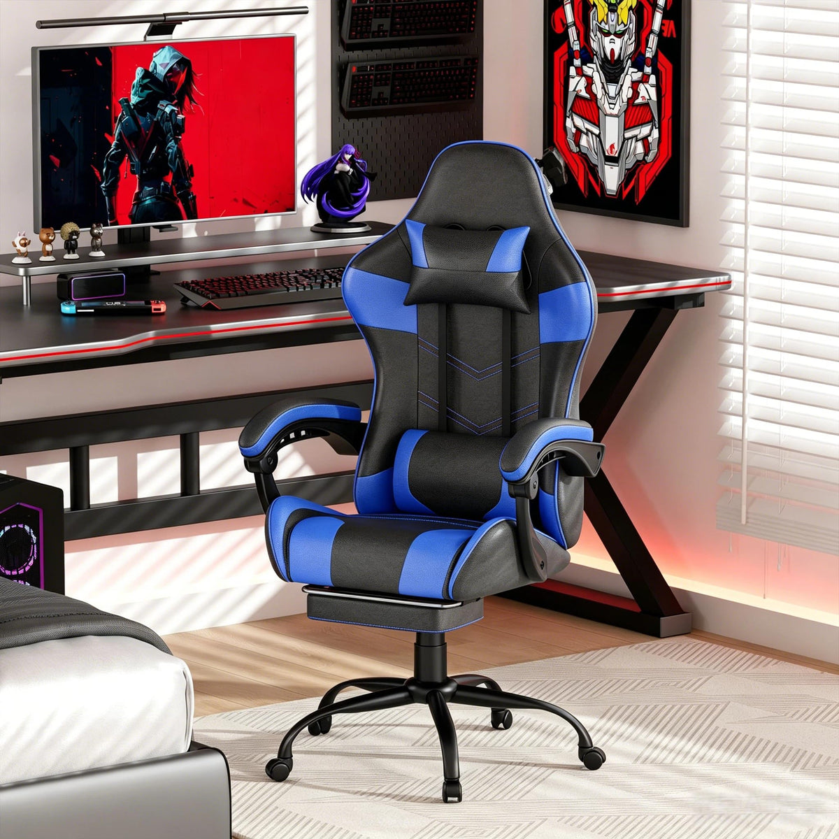 Gaming Chair with Footrest, Ergonomic Video Game Chair for Adults, Blue