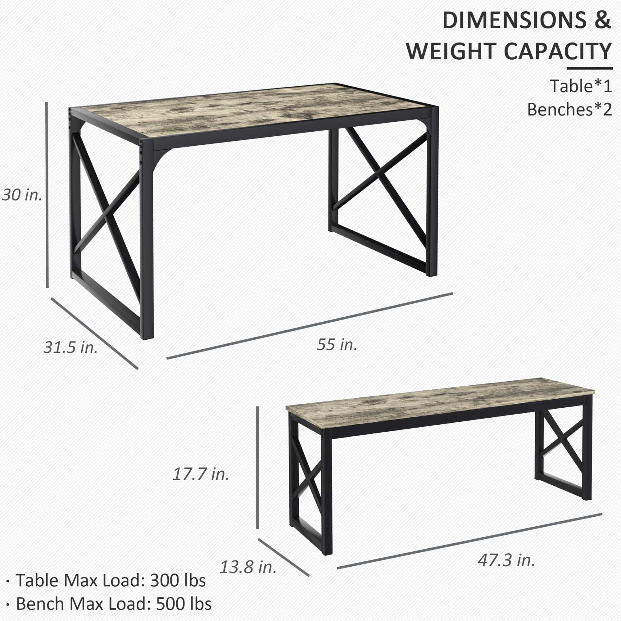 55" Dining Table Set with 2 Benches