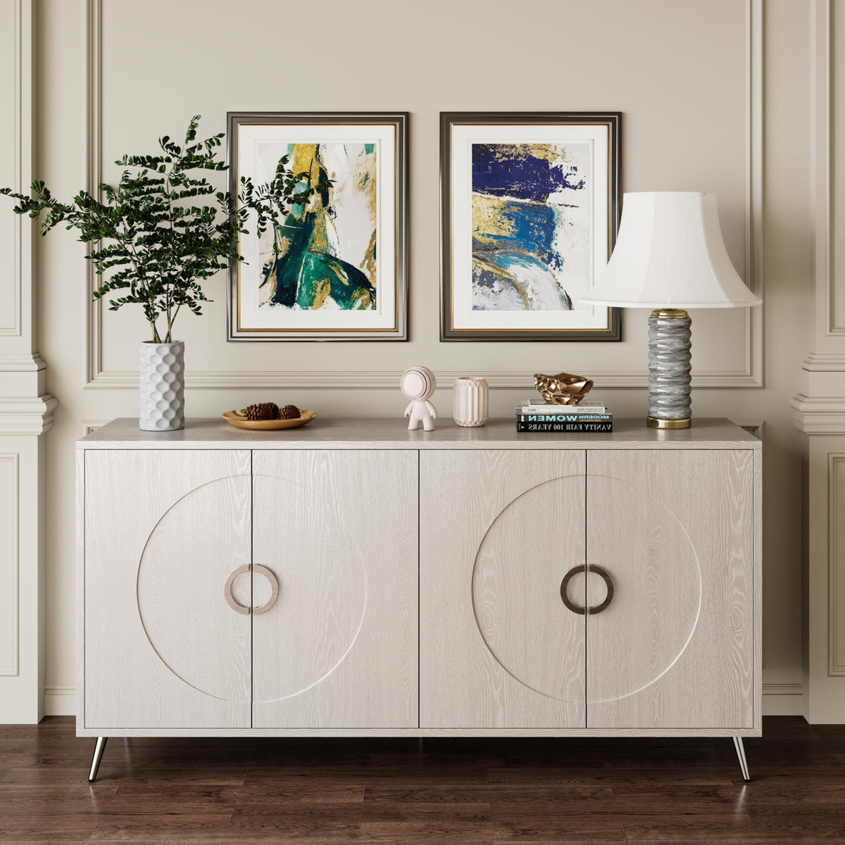 YJNKU Wooden Cabinet Sideboard Buffet Server Cabinet,4 Door Storage Cabinet, Modern Lacquered,for Living Room, Entryway, Hallway, Office, Kitchen and Dining Room,Champagne Silver