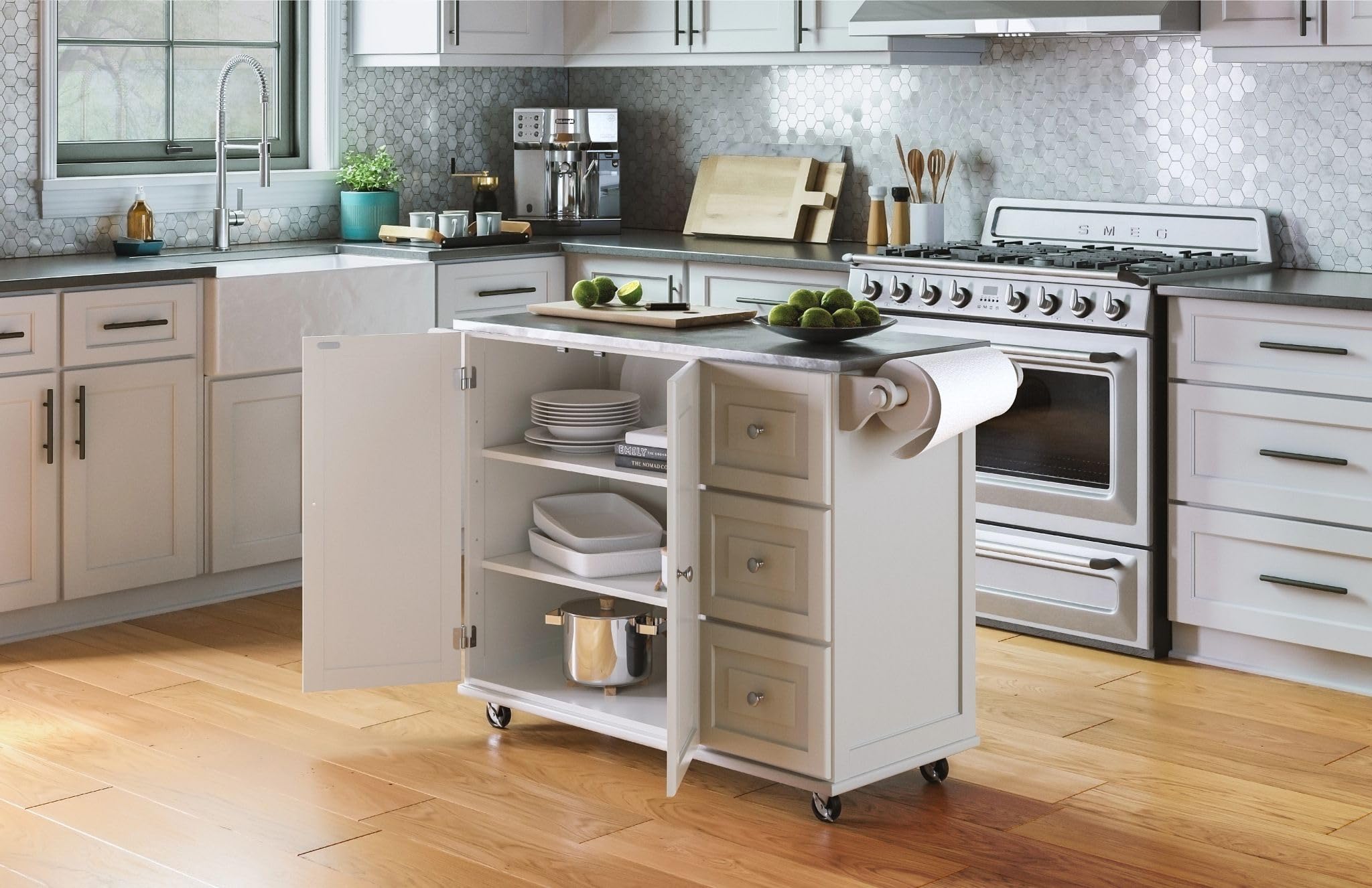 53.5" Kitchen Island Cart with Storage, Rolling Kitchen Cart on Wheels with Stainless Steel Top, Mobile Prep Station with Drawers, Cabinets, Adjustable Shelves & Towel Rack, Solid Wood, Off White