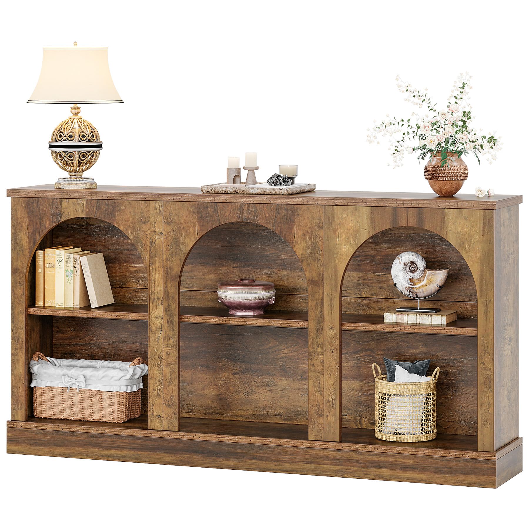 Tribesigns Farmhouse Console Table, 63-Inch Long Entryway Table with 3 Tier Storage, Wooden Rectangular Sofa Table Behind The Couch for Entrance, Hallway, Living Room, Brown