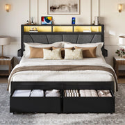 Full/Queen Bed Frame with Storage Drawers, LED Light & Charging Station