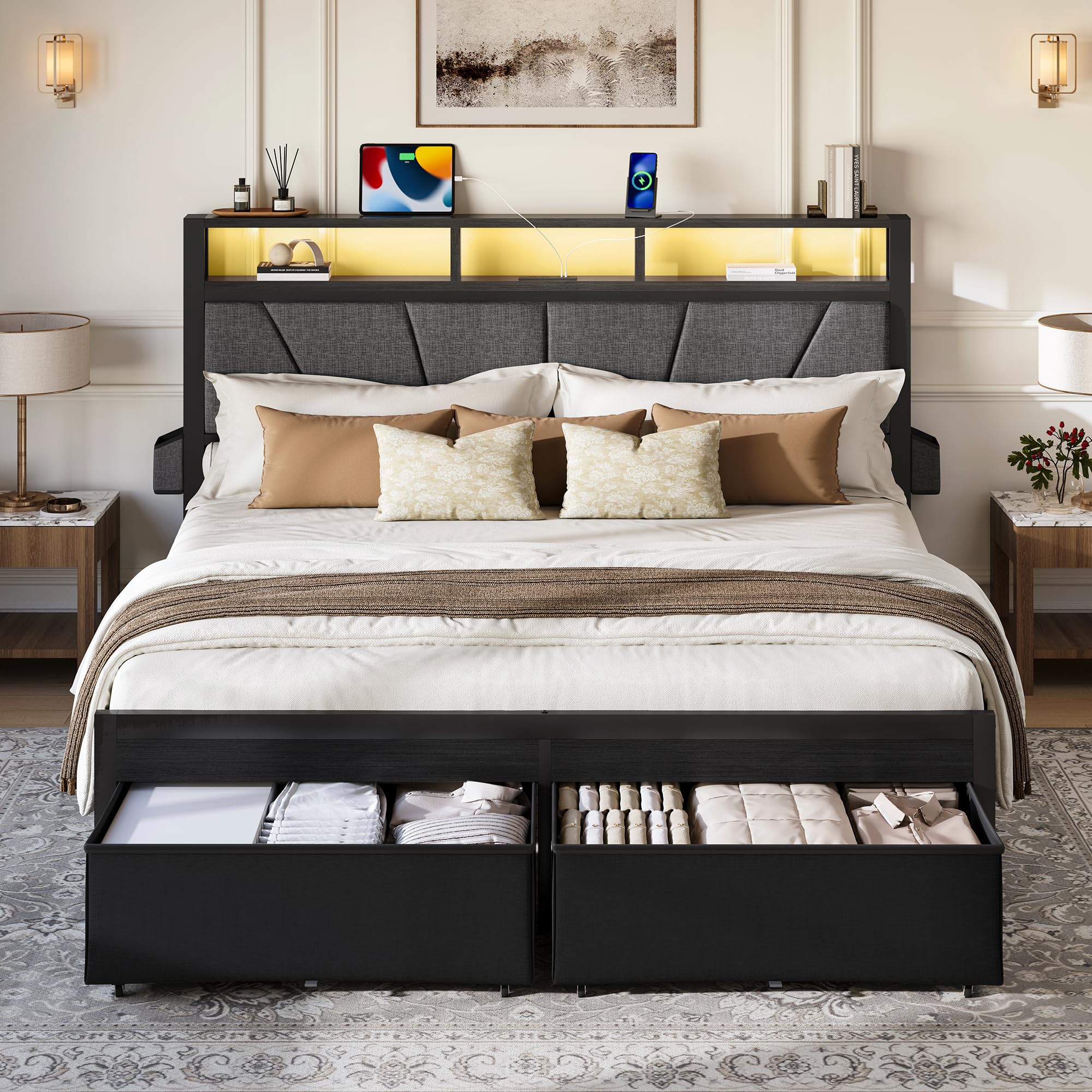 LARMACE Queen Size Bed Frame with 2 Storage Drawers, Upholstered Headboard, LED Light & Charging Station, Metal Platform Bed Frame, No Box Spring Needed, Easy Assembly, Black Oak