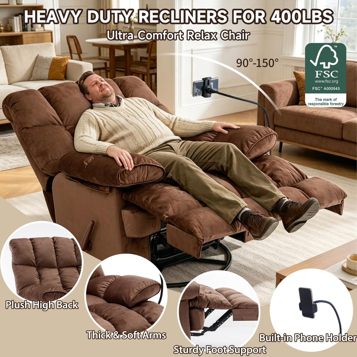 Euthymia Oversized Recliner Chairs 360° Swivel Rocking Big Mans Recliners