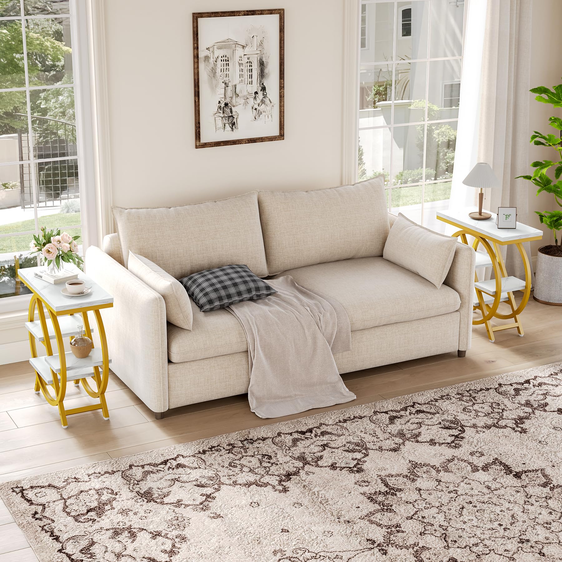 LITTLE TREE End Table Set of 2, 4-Tier Narrow Faux Marble Side Table with Large Storage Space, Modern Nightatsnd and Bedside Table for Living Room, Home Office, Bedroom, White and Gold