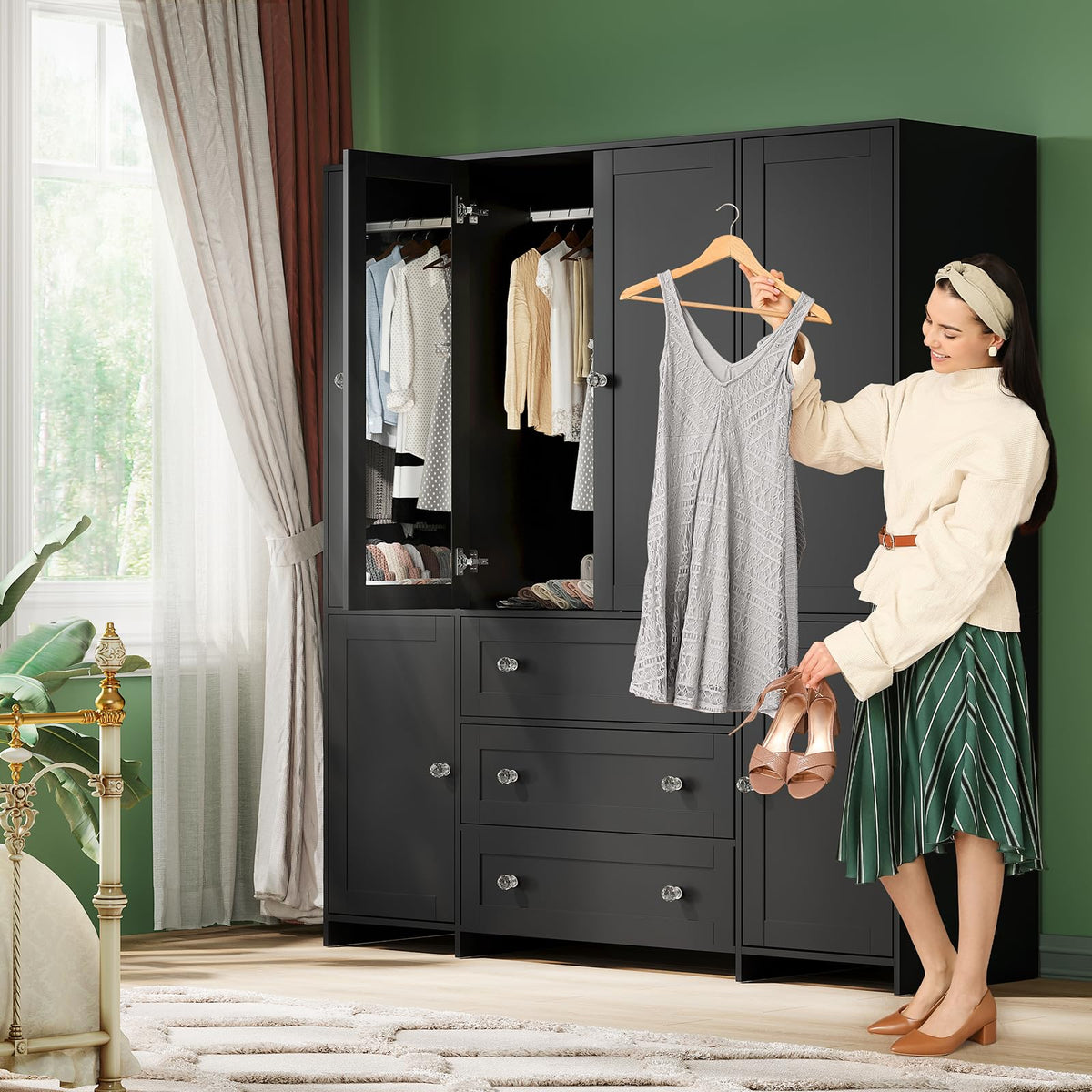 Black Mirrored Wardrobe with Drawers