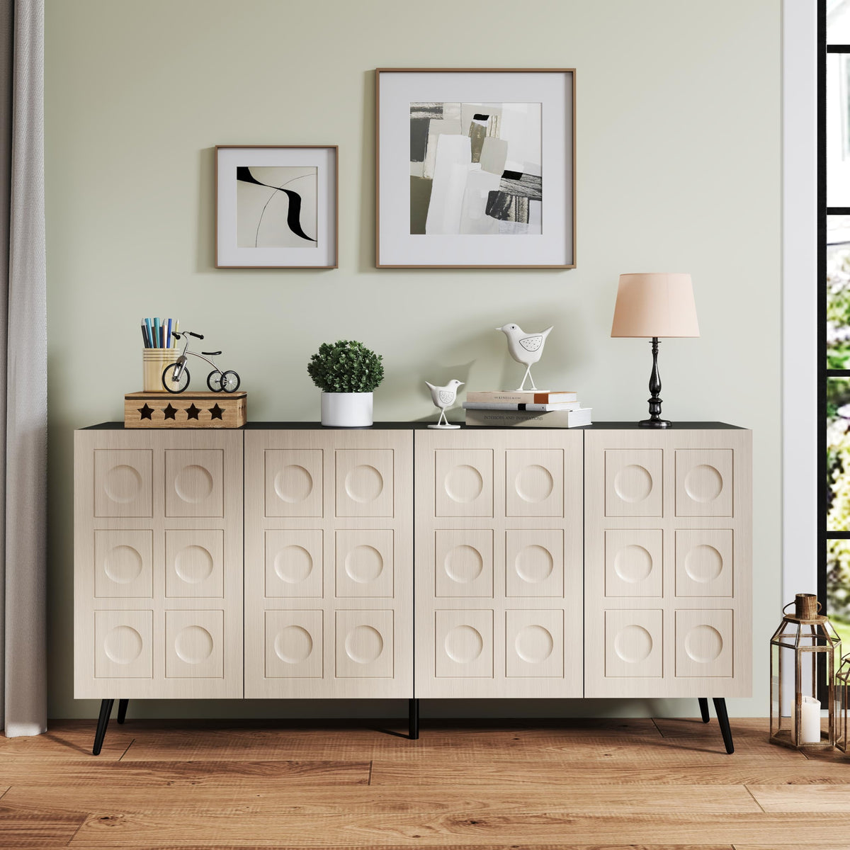 Mhsatyrs Oak and Black Wood Accent Cabinet with 4 Doors, 63" Sideboards