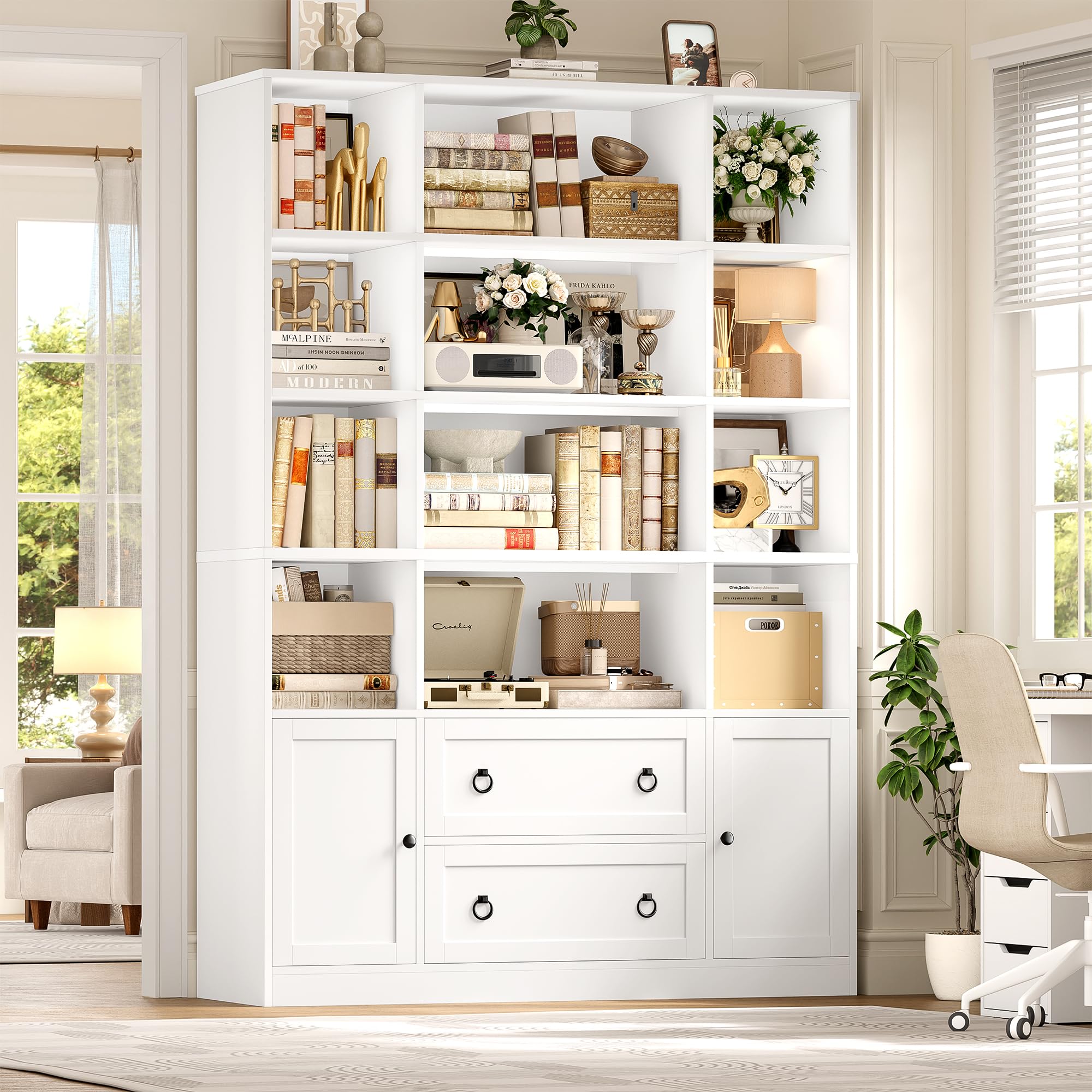 FINETONES 71" H White Bookshelf with Doors, 6 Tier Tall Bookcase with Drawers, Triple Wide Large Bookshelves and Bookcases, Wood Book Shelf Storage Cabinet for Home Office, White