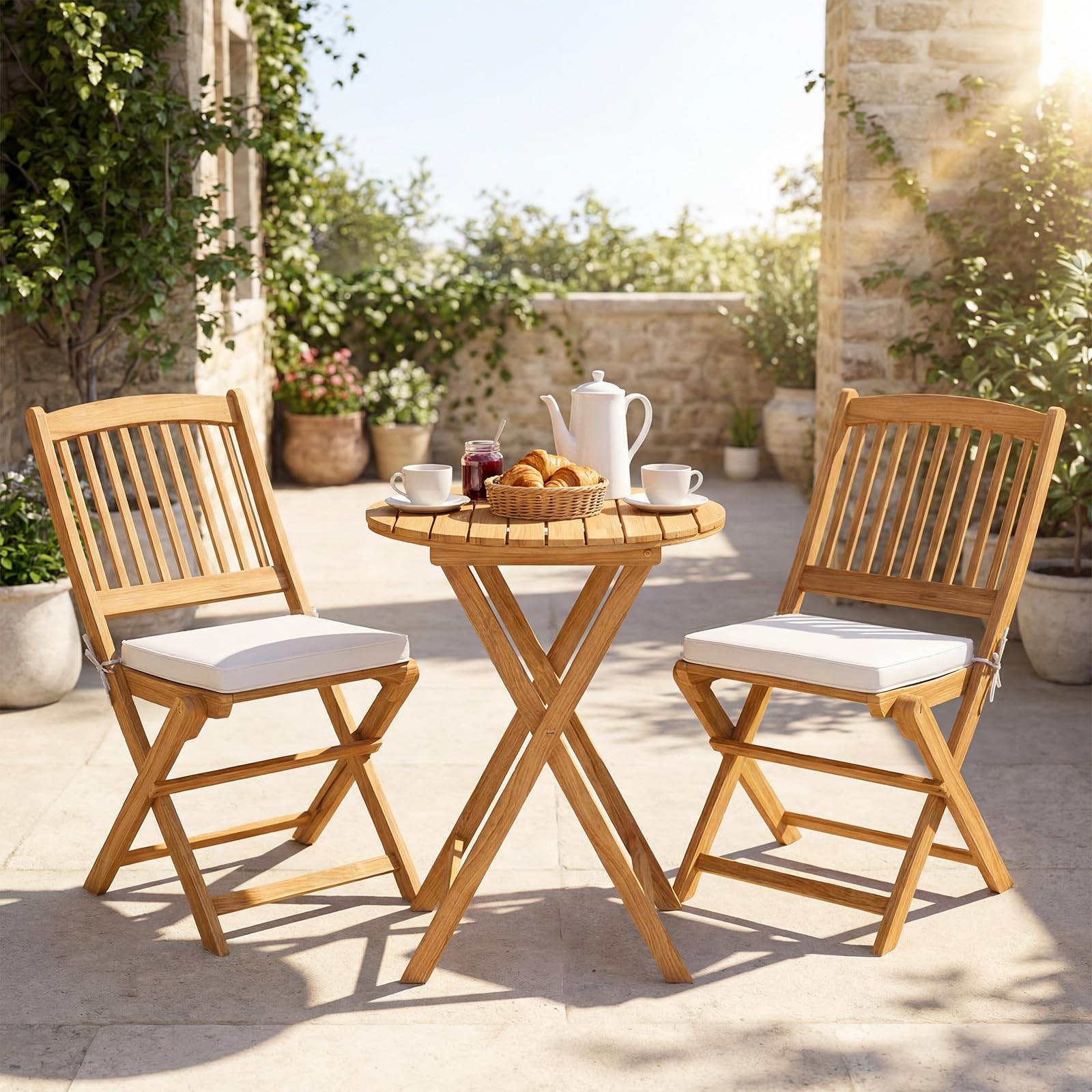 3-Piece Folding Acacia Wood Patio Bistro Set with Cushioned Chairs