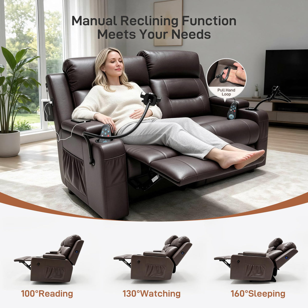 BKHGDI Loveseat Recliner Sofa with Massage and Heat，2 Seat Sofa for Small Spaces with USB Ports & Pockets, Console, Cup Holders & Drawer, RV Couch for Home Theater Seating