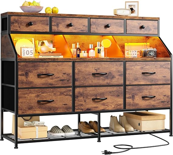 10-Drawer Dresser with Shoe Rack, LED Lights & Charging Station