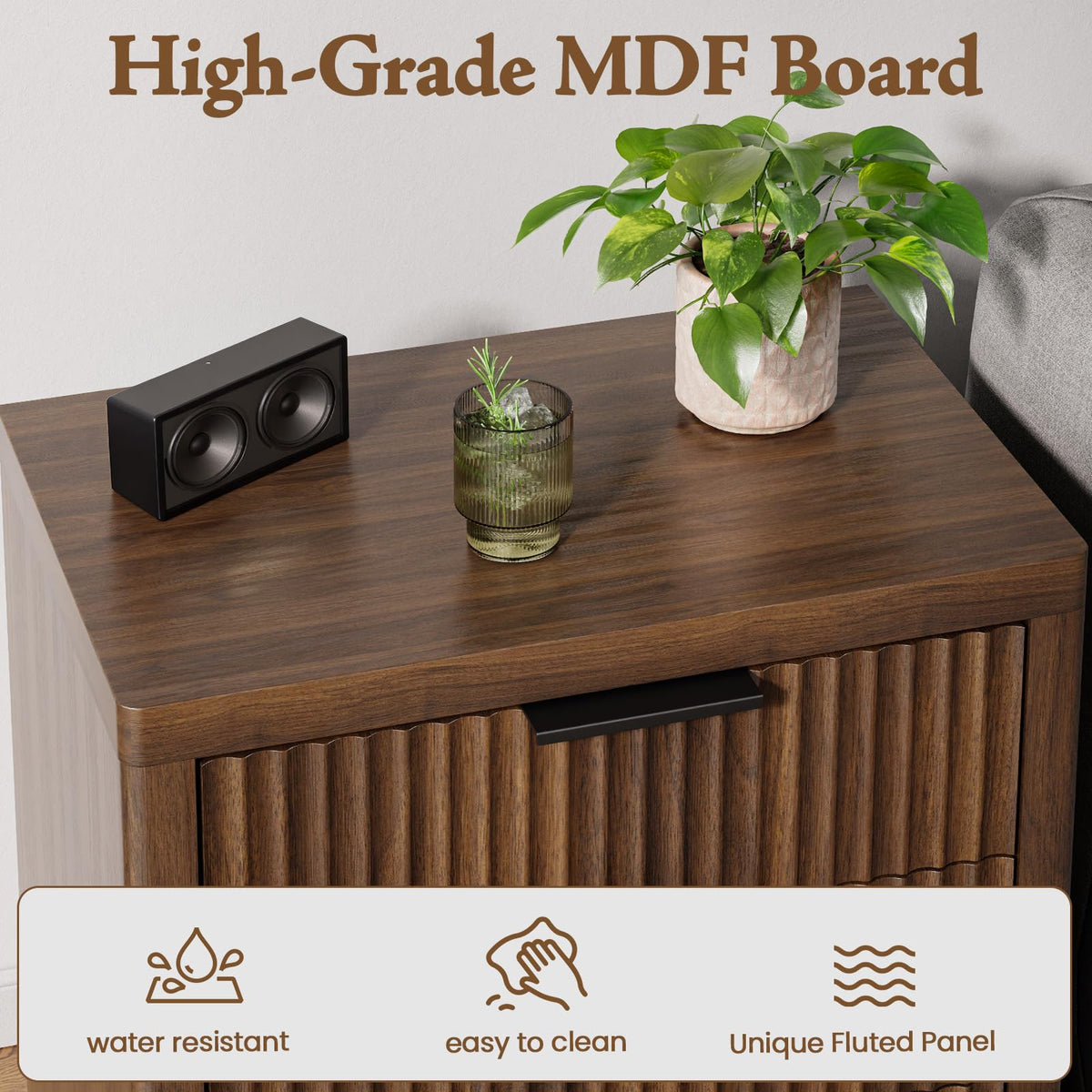 LOOMORA Fluted Nightstand with 3 Drawers, Night Stand, Walnut