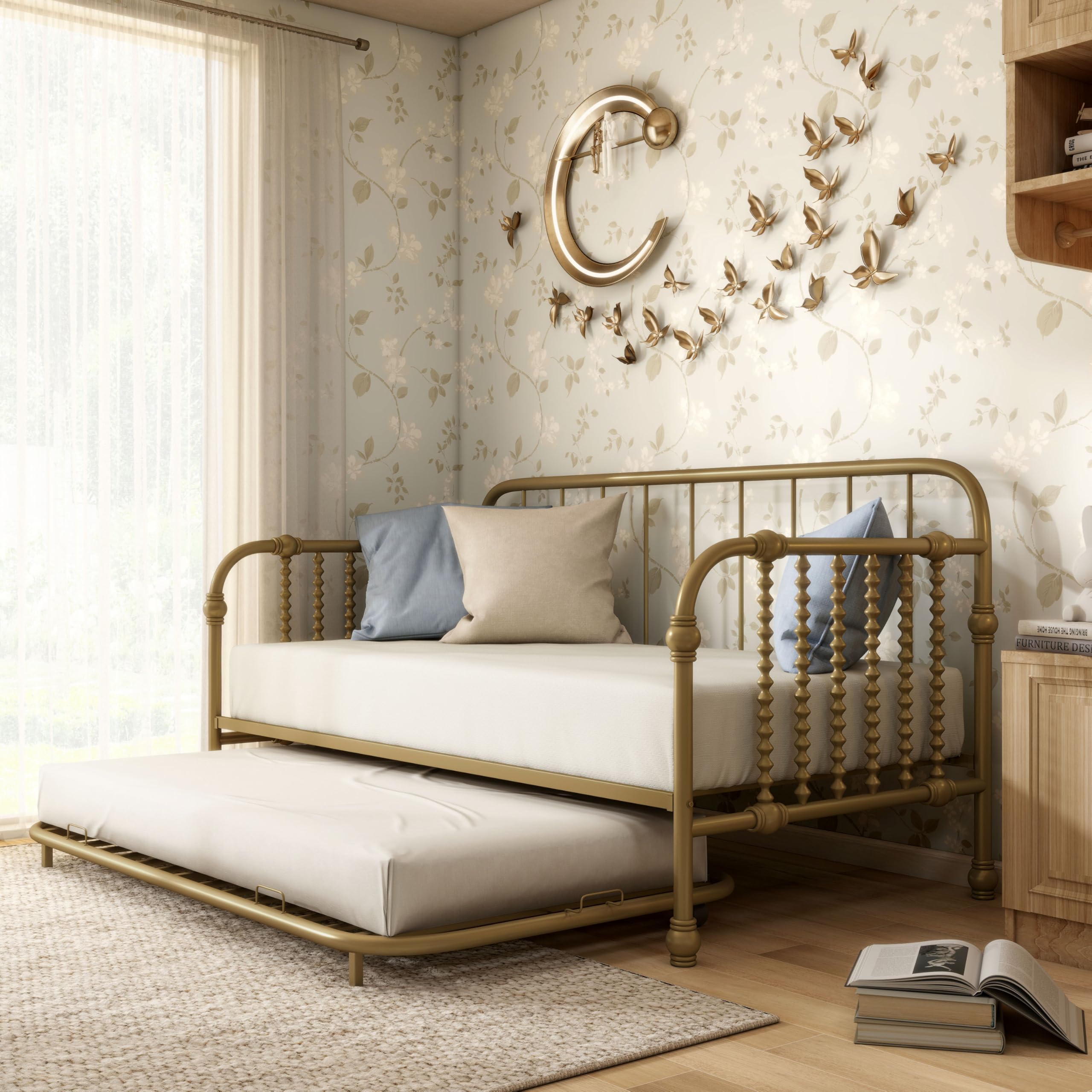 Furniture of America Wren Modern Metal Twin Size Daybed with Trundle and Wheels, Sofa Bed with Spindles and Checker-Box Frame for Living Room, Bedroom, Guest Room, Gold