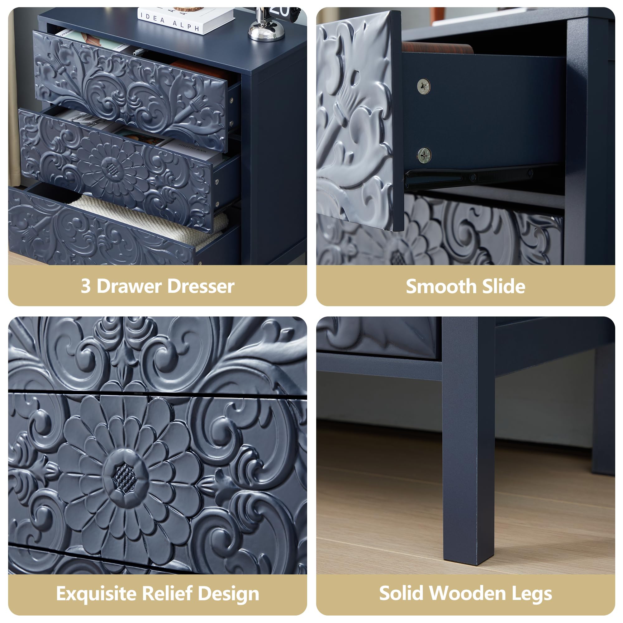 weselon 3 Drawer Flower Motif Dresser, Accent Dresser Chest with 3 Drawers, Luxury Nightstands Set of 2 for Bedroom, Small Wide Nightstand for Living Room, Bedroom, Entryway (2, Gray Blue)