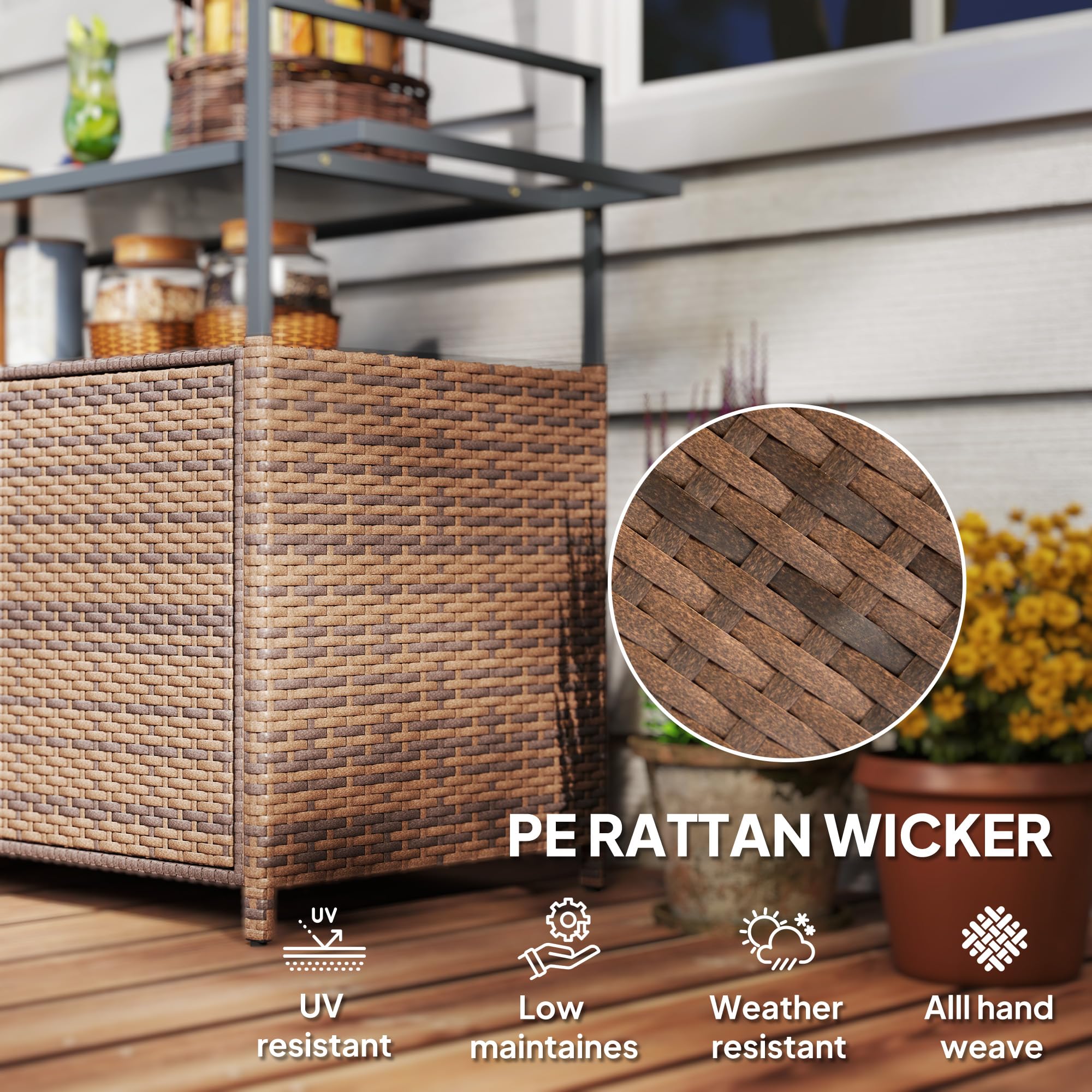 Outsunny PE Rattan Outdoor Storage Cabinet, Wicker Outdoor Bar Table Kitchen Island with Wheels & 2-Tier Shelf, Patio Serving Cart with Glass Top, Handles, Towel Racks for Poolside, Mixed Brown