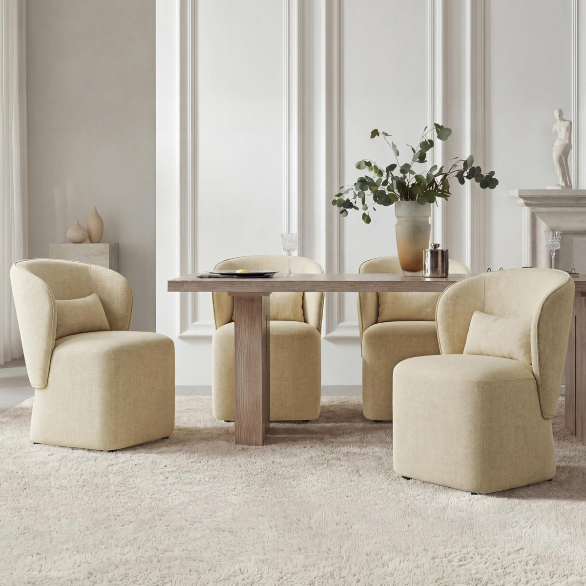 KISLOT Upholstered Dining Chairs with Wheels, Easy Assembly Stain Resistant Fabric Modern Barrel Armchair with Lumbar Cushion, Dining Room Chairs for Kitchen Living Room Bedroom, Sand, Set of 4