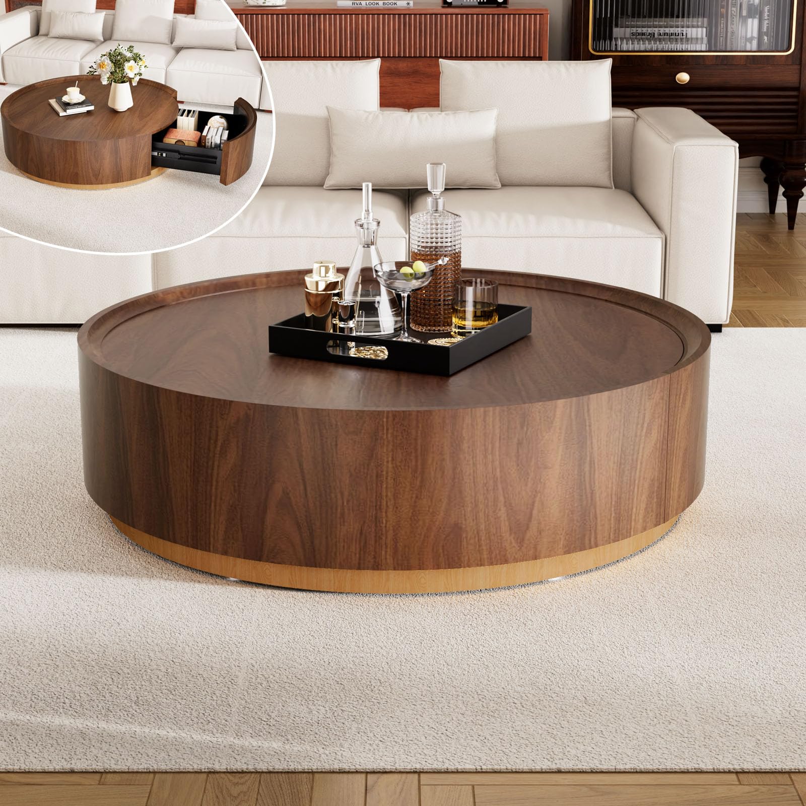 35.4'' Round Drum Coffee Table with Storage, Modern Wooden Round Coffee Tables, Unique Circle Center Table Accent Tea Table with Sturdy Pedestal for Living Room Apartment Small Space (Brown 35.4")