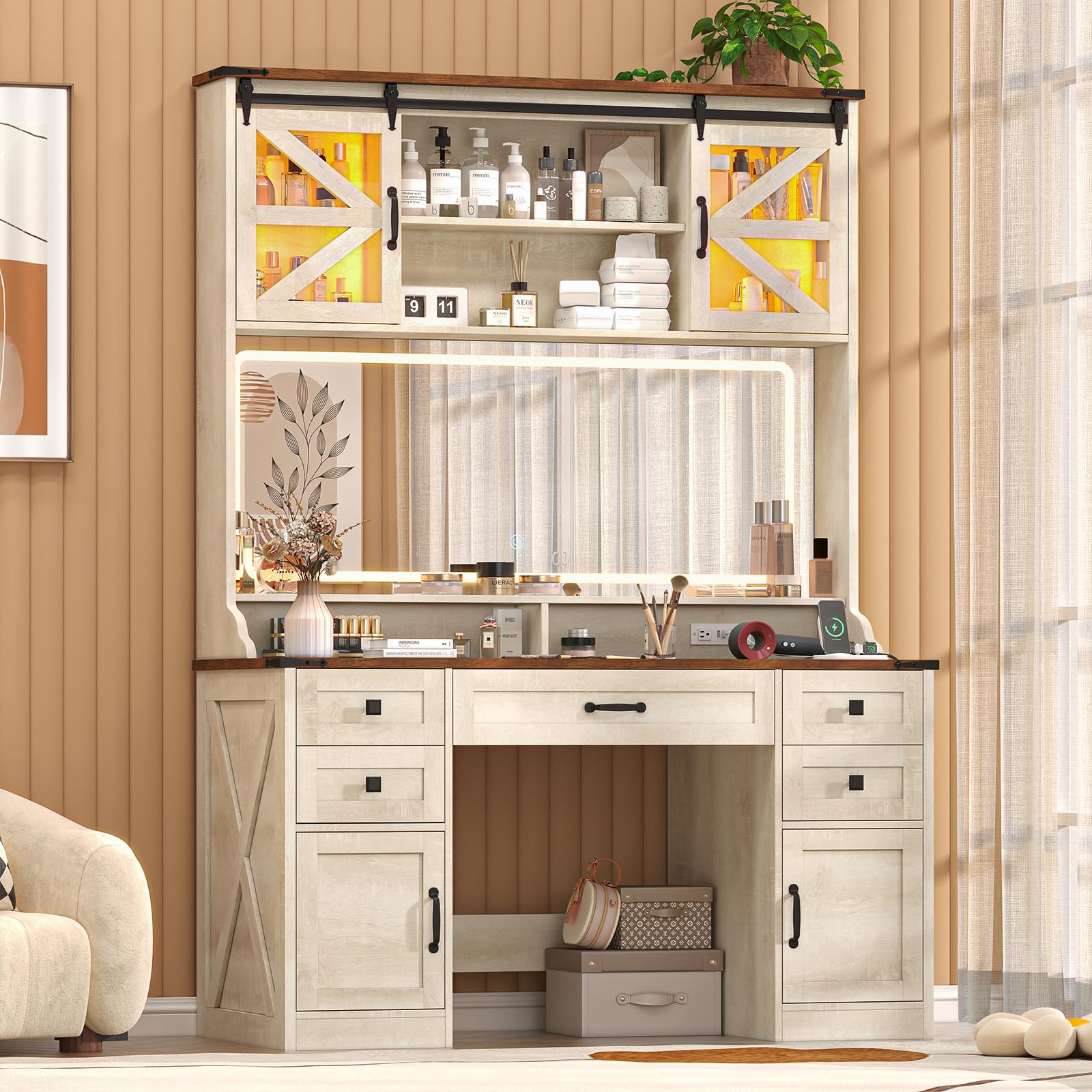CSZZD 75.2" Farmhouse Vanity Desk with Mirror and Lights, Makeup Vanity Table with 5 Drawers & 2 Sliding RGB Door & Power Outlet, 3 Color Lighting Modes, Big Vanity for Bedroom, Antique White
