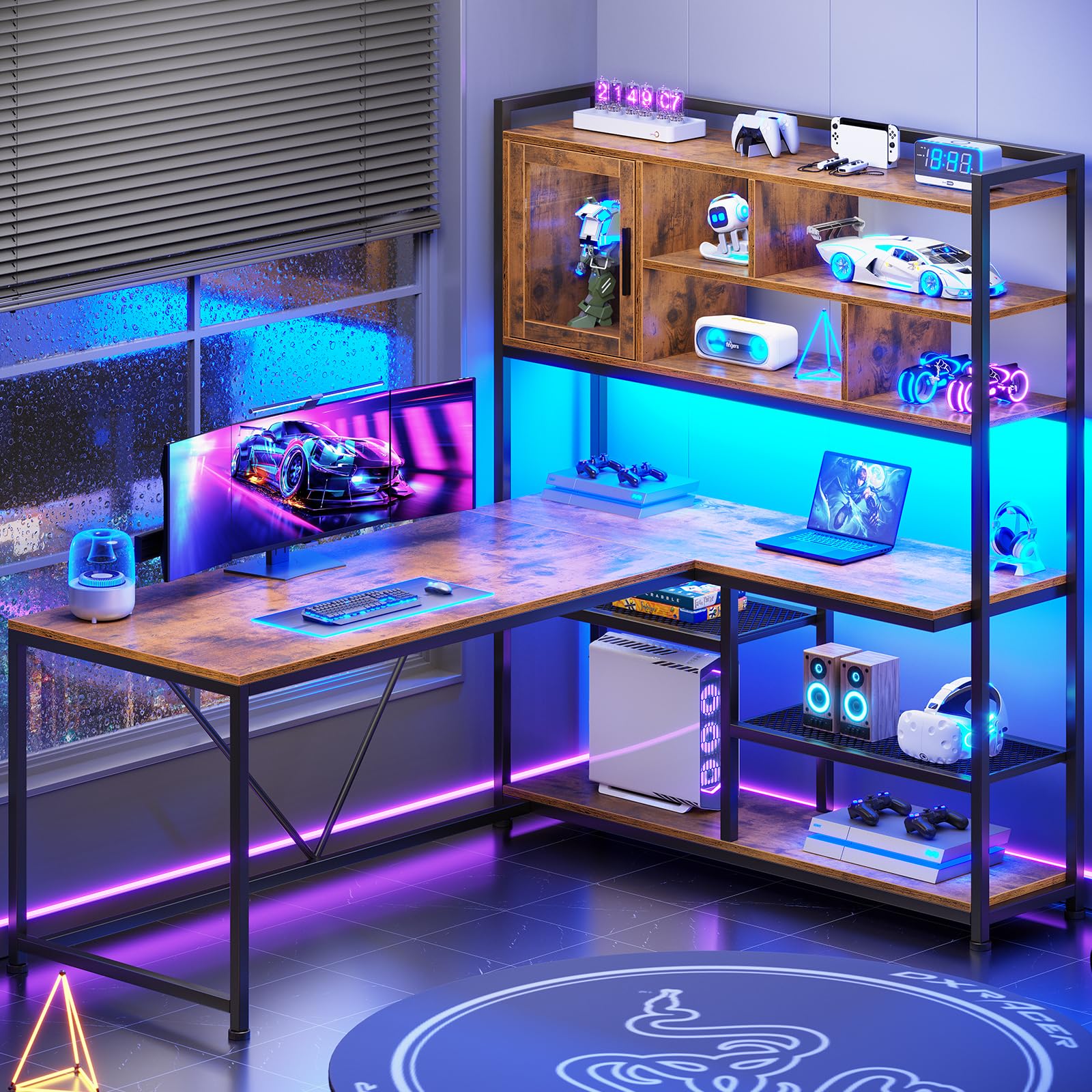 L-Shaped Desk with LED Light & Bookshelf