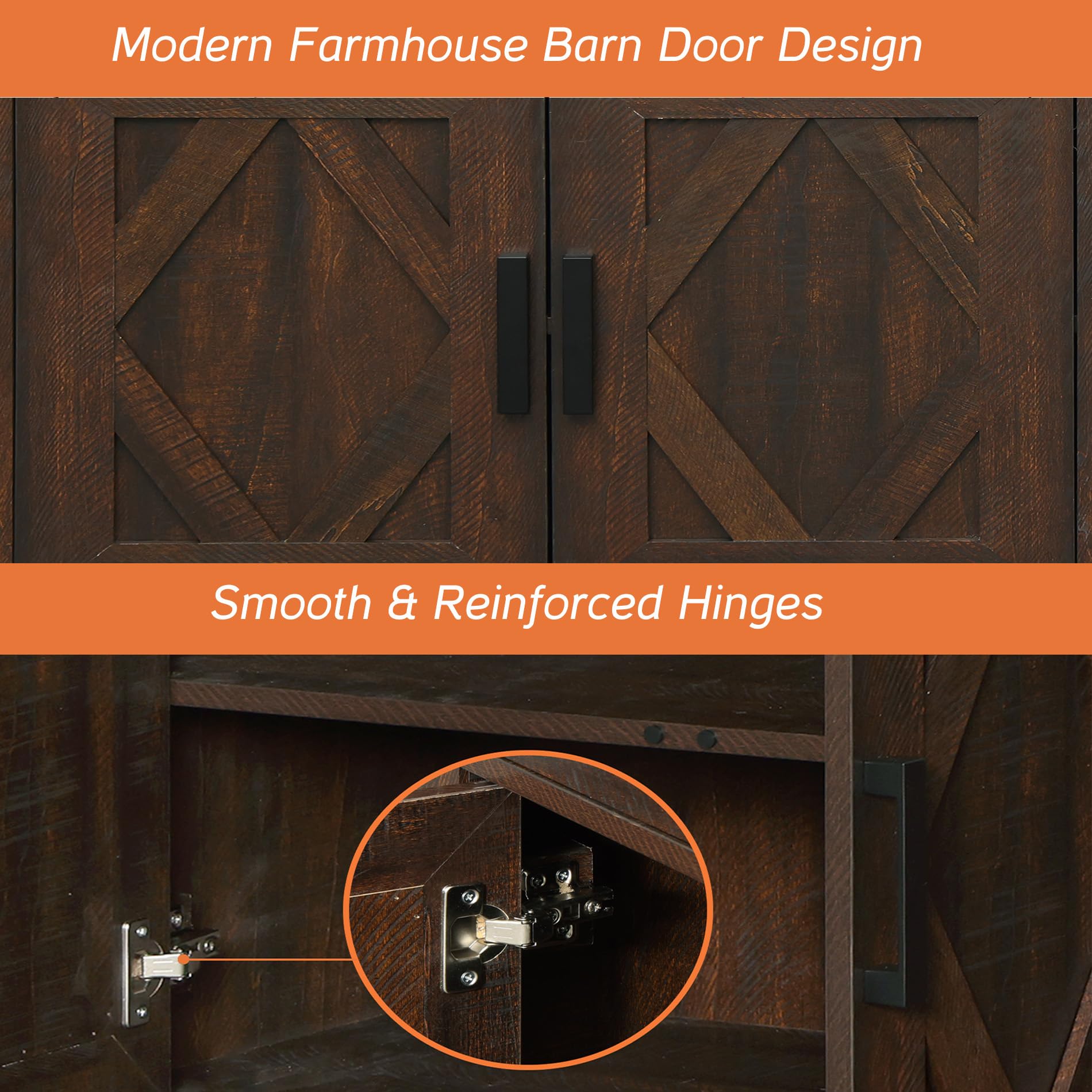 WAMPAT Modern Farmhouse Large Sideboard Cabinet Set with Barn Doors,Buffet Cabinet Table with Storage Shelves and Drawers for Kitchen,Dining Room,Coffee Bar,82.7" W x 15.4" D x 32" H,Dark Brown