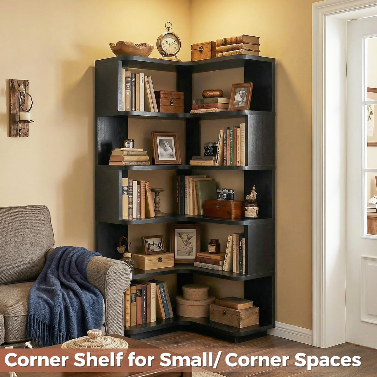 Besiost Corner Book Shelf, 6-Shelf Corner Bookshelf for Small Corner Spaces, L-Shape Bookcase Corner Display Shelf for Home Office, Living Room, Bedroom, Black