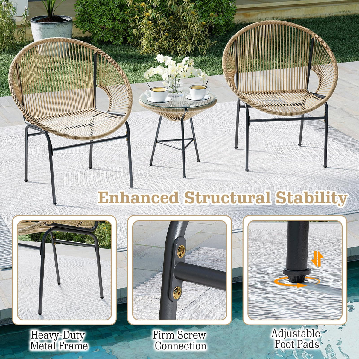 COSTWAY 3-Piece Outdoor Acapulco Chair Set, Wicker Bistro Sets (Brown)