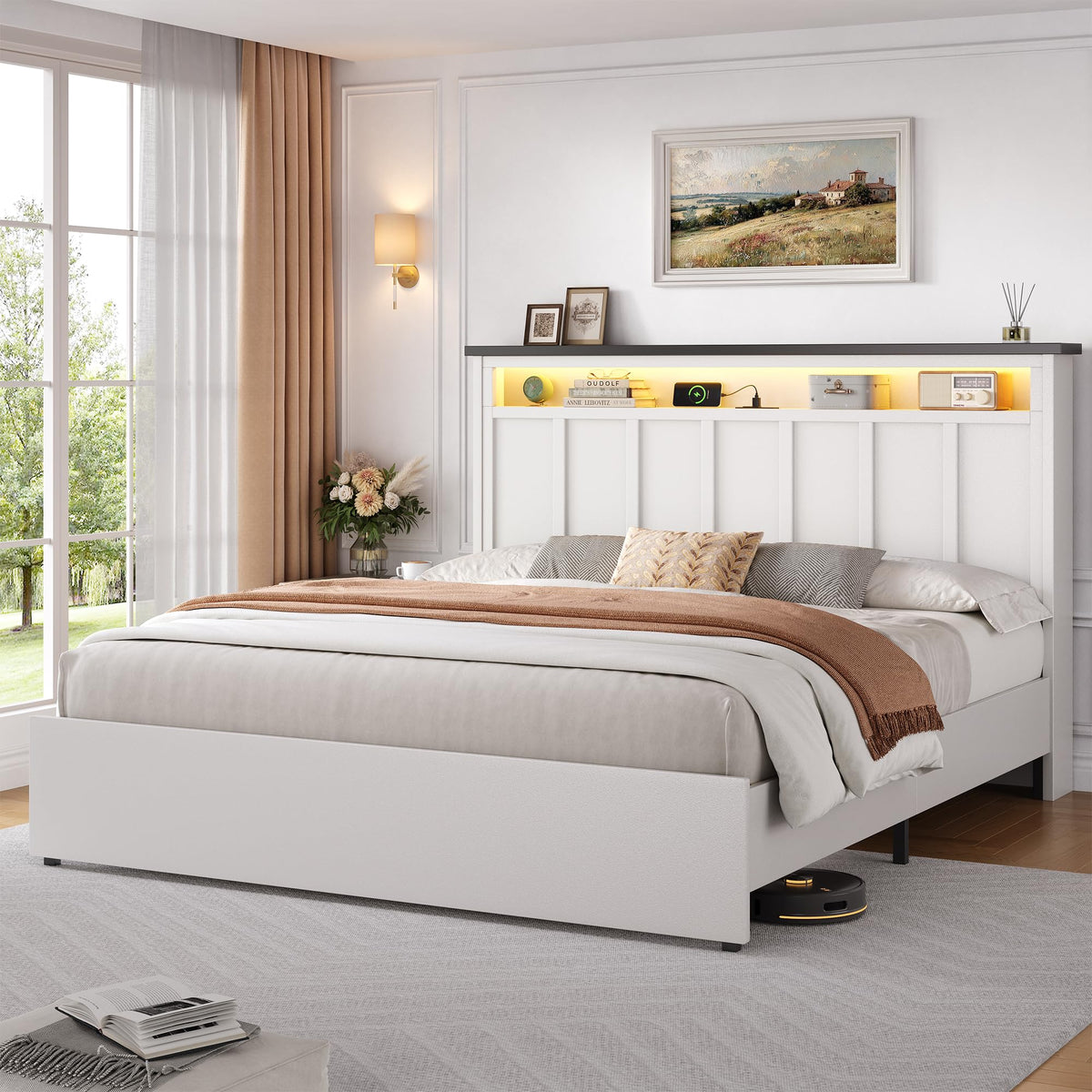 Glirun Queen Bed Frame with 2-Tier Storage Headboard, White