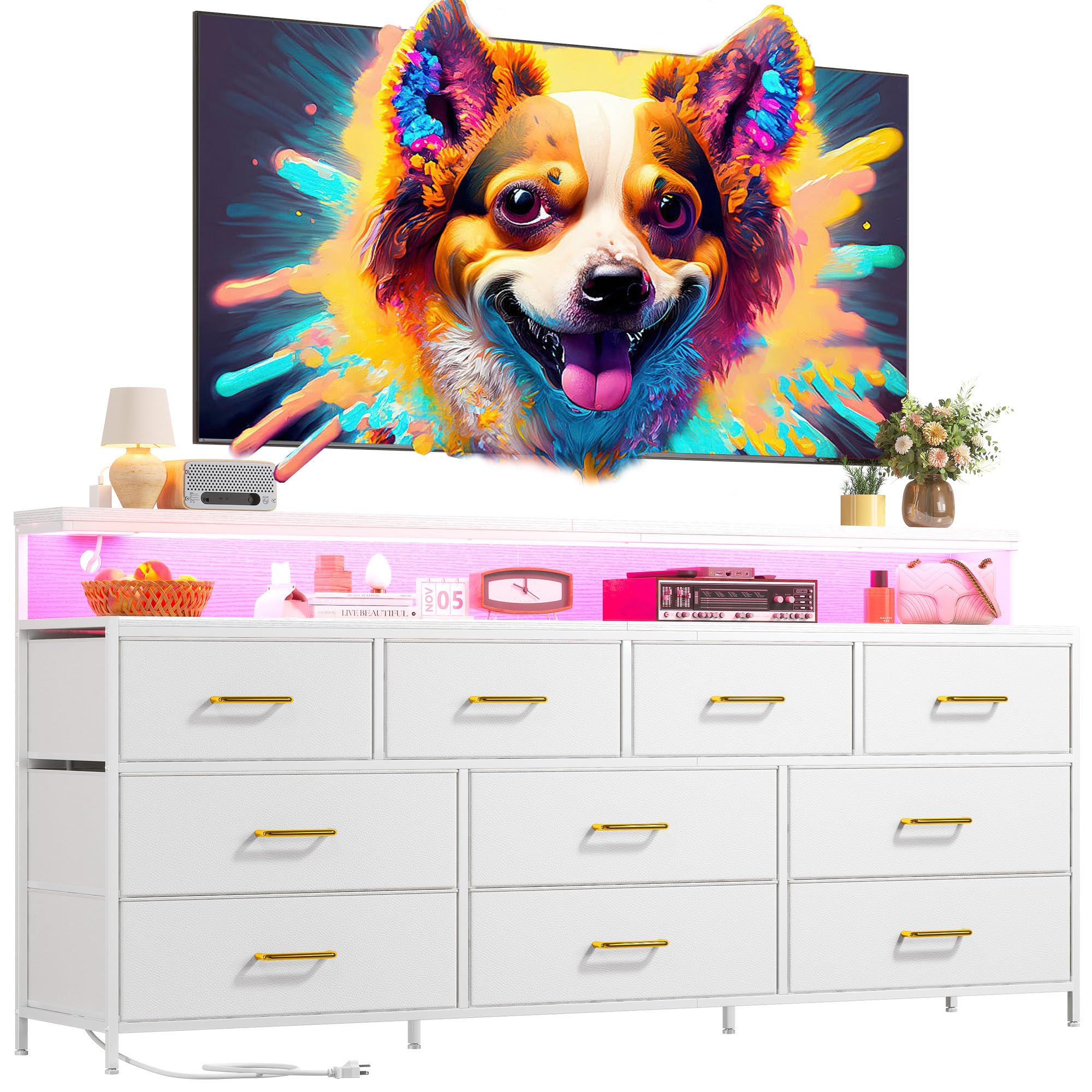 EnHomee 55" W White Dresser for Bedroom with 10 Fabric Drawers Long Dressers & Chests of Drawers with LED Lights & Power Outlets Large Dresser for Bedroom for Hallway, Metal Frame, White