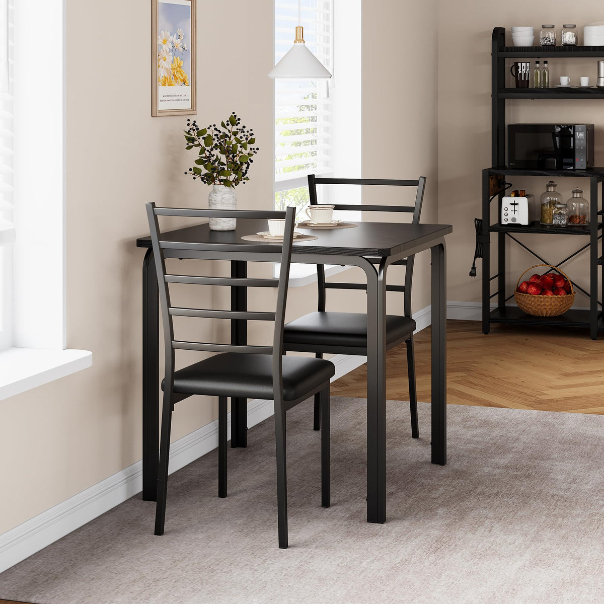 PeacefulHues 3-PCS Small Dining Table Set Kitchen Table and 2 Upholstered Chairs,Table Set Home Furniture Modern Chairs with Metal Legs for Breakfast Nook Kitchen Dining Room,Black
