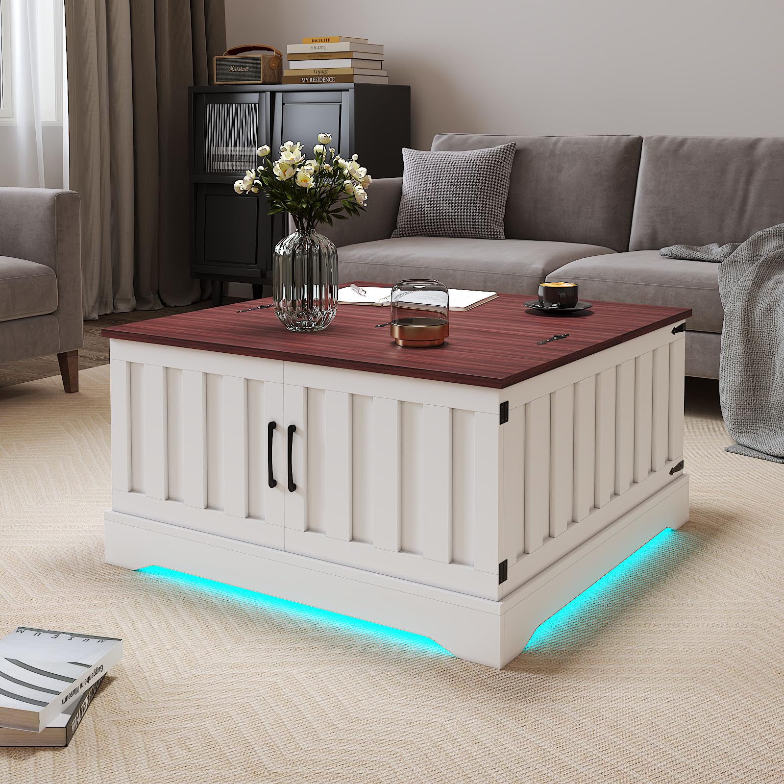 HedoAjim 31.5" Lift Top Coffee Table with Storage, Led Square White Coffee Table with Large Hidden Storage, Wood Living Room Table Center Table for Living Room Dining Reception Room