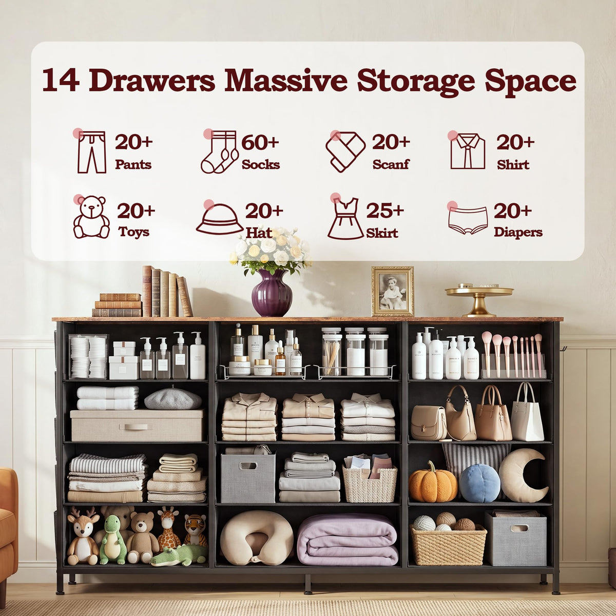 BCLOUDNEST Dresser for Bedroom with 14 Drawers Large Fabric Storage Tower