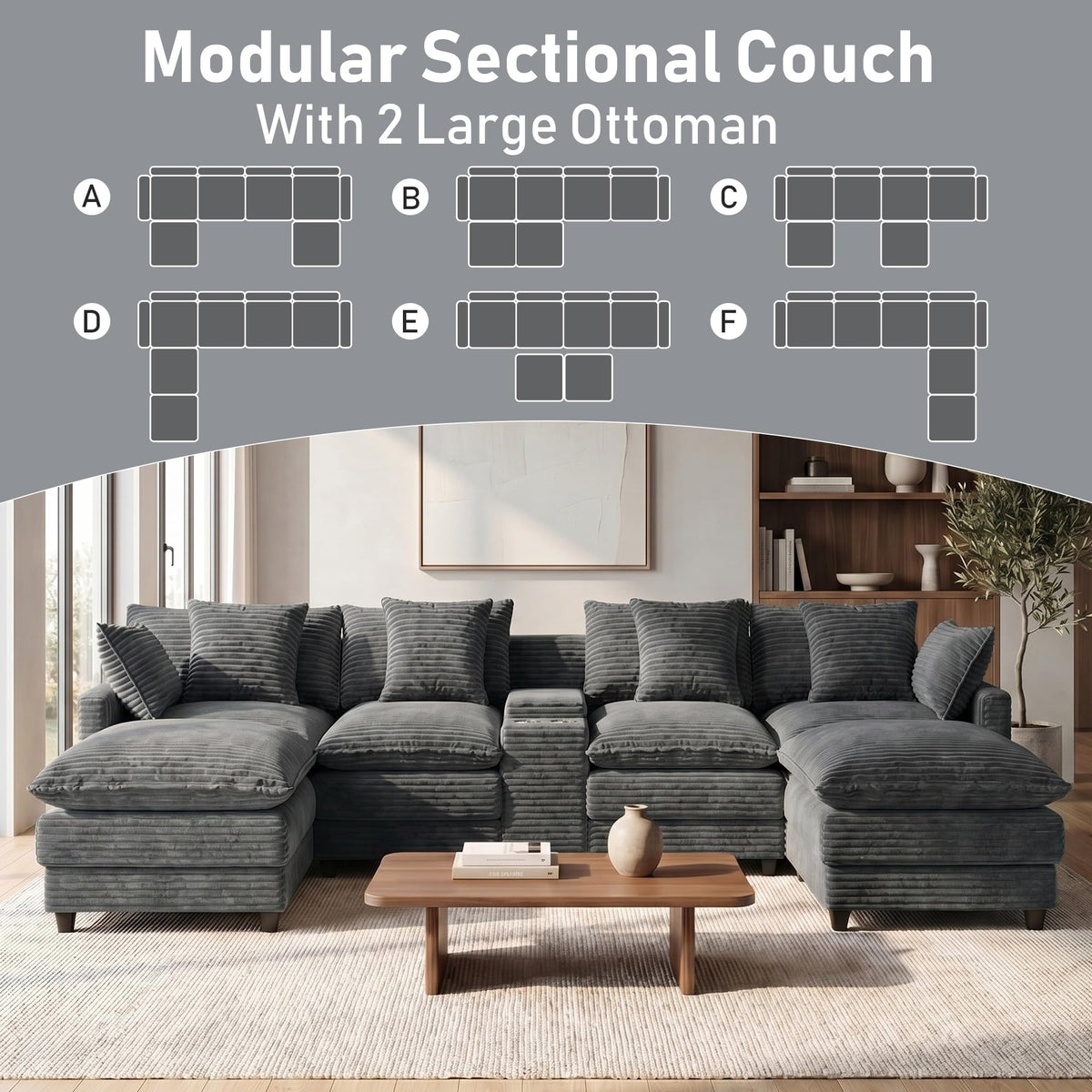 ONEMMLION 143" Oversized U-Shaped Cloud Sectional Sofa, Grey