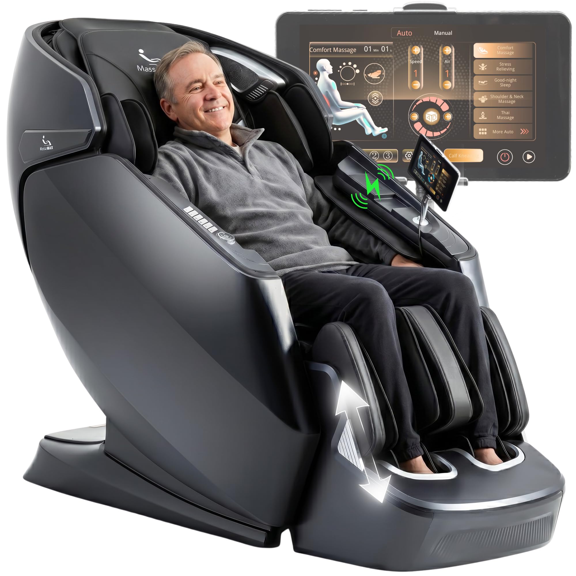 MassMAX Massage Chair for Stretch & Flexibility - 4D Full Body Recliner with Flexible 172°SL Track, Calf Kneading, Auto Footrest & 22 Modes for Premium Comfort A675 Black