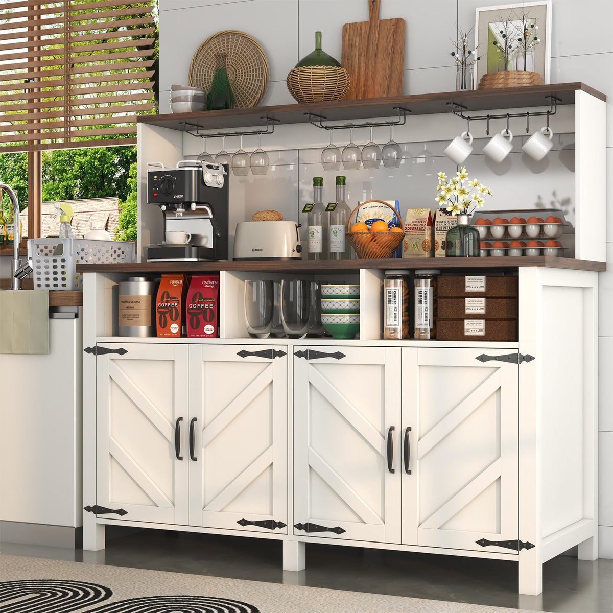 knoworld Buffet Sideboard with Storage Hutch with Power Outlet 4 Doors, Large Farmhouse Kitchen Storage Cabinet Wood Coffee Bar Cabinet with Cup Holder & Hooks for Kitchen, Dining Room,55"W White Rack