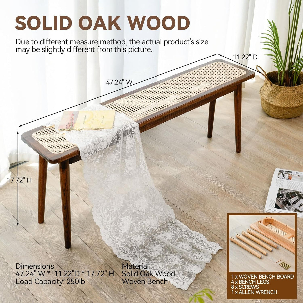 Solid Wood Rattan Bench