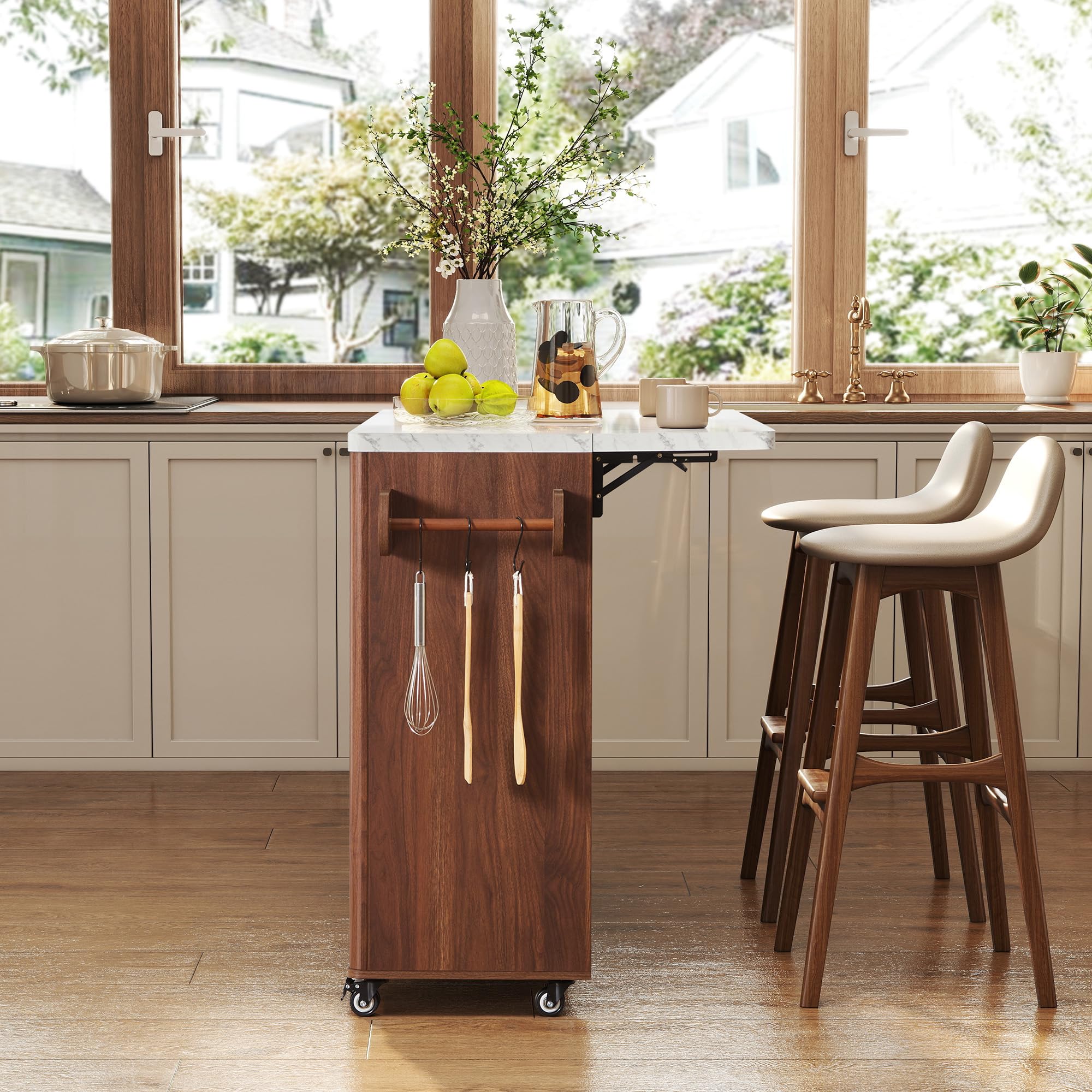 weselon 47" Mobile Kitchen Island with Storage & Drop Leaf, Rolling Kitchen Cart on Wheels with 2 Drawers, Adjustable Shelves, Towel Rack & Hooks, Faux Marble Top Island Table for Kitchen (Walnut)