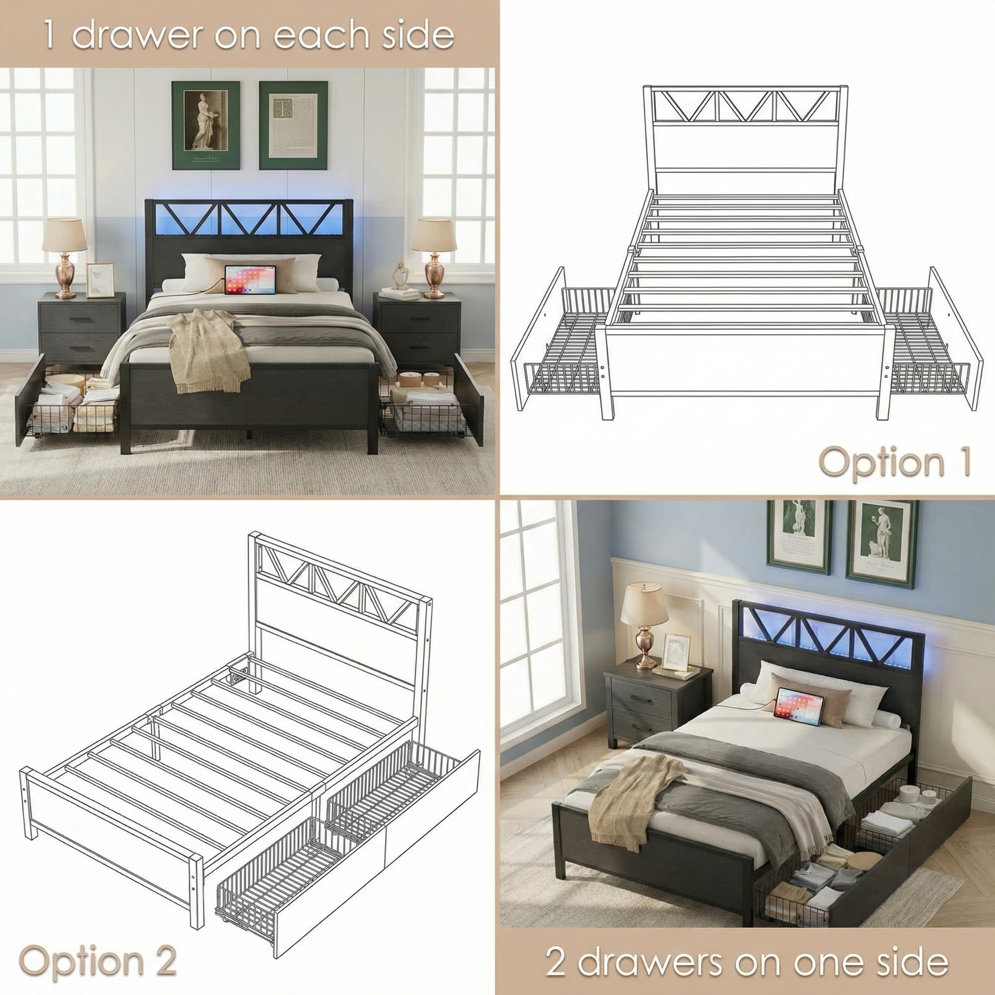 Twin Bed Frame with Storage Drawers, RGB Lighting & Charging Station