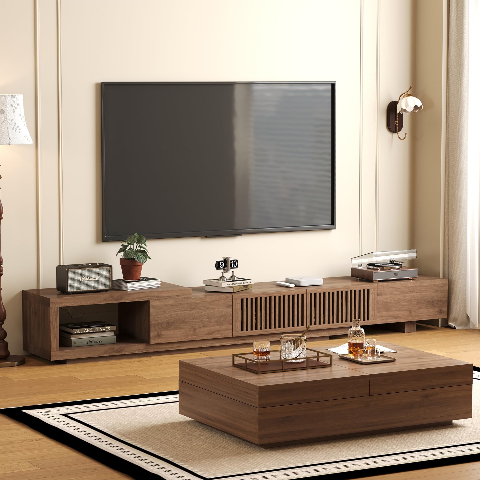 NessCarsti Mid-Century Modern TV Stand & Expandable Coffee Table Set, Walnut Finish, Stylish Storage Combo for Living Room or Bedroom (78.54“ to 103" TV Stand+Coffee Table)
