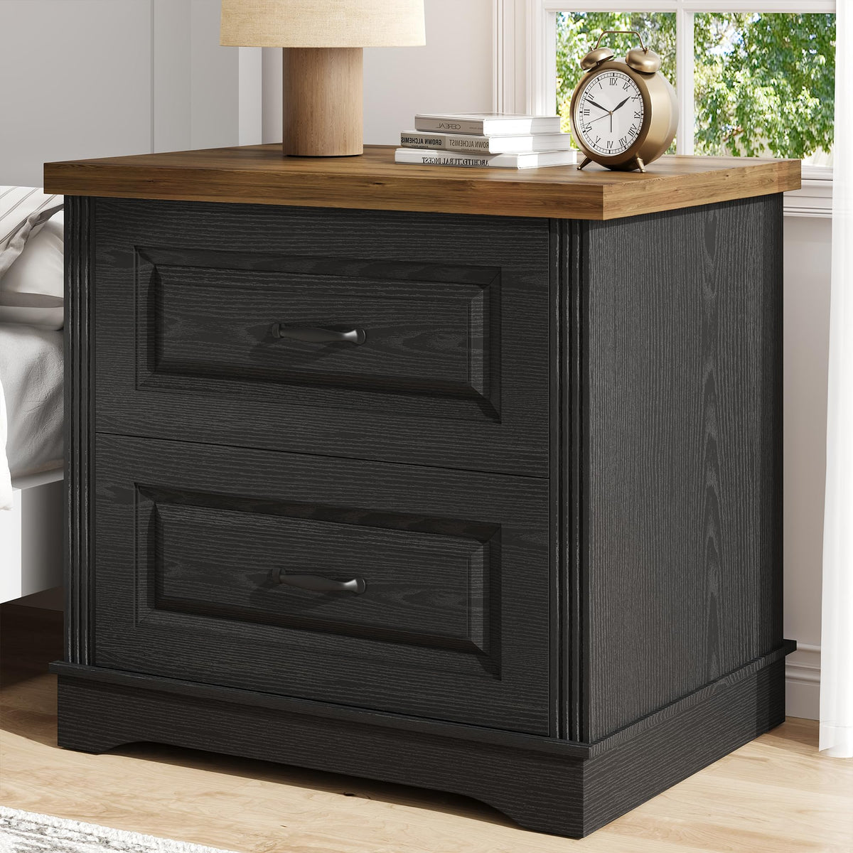 24" Wide Farmhouse Nightstand, Large End Table with 2 Drawers, Black