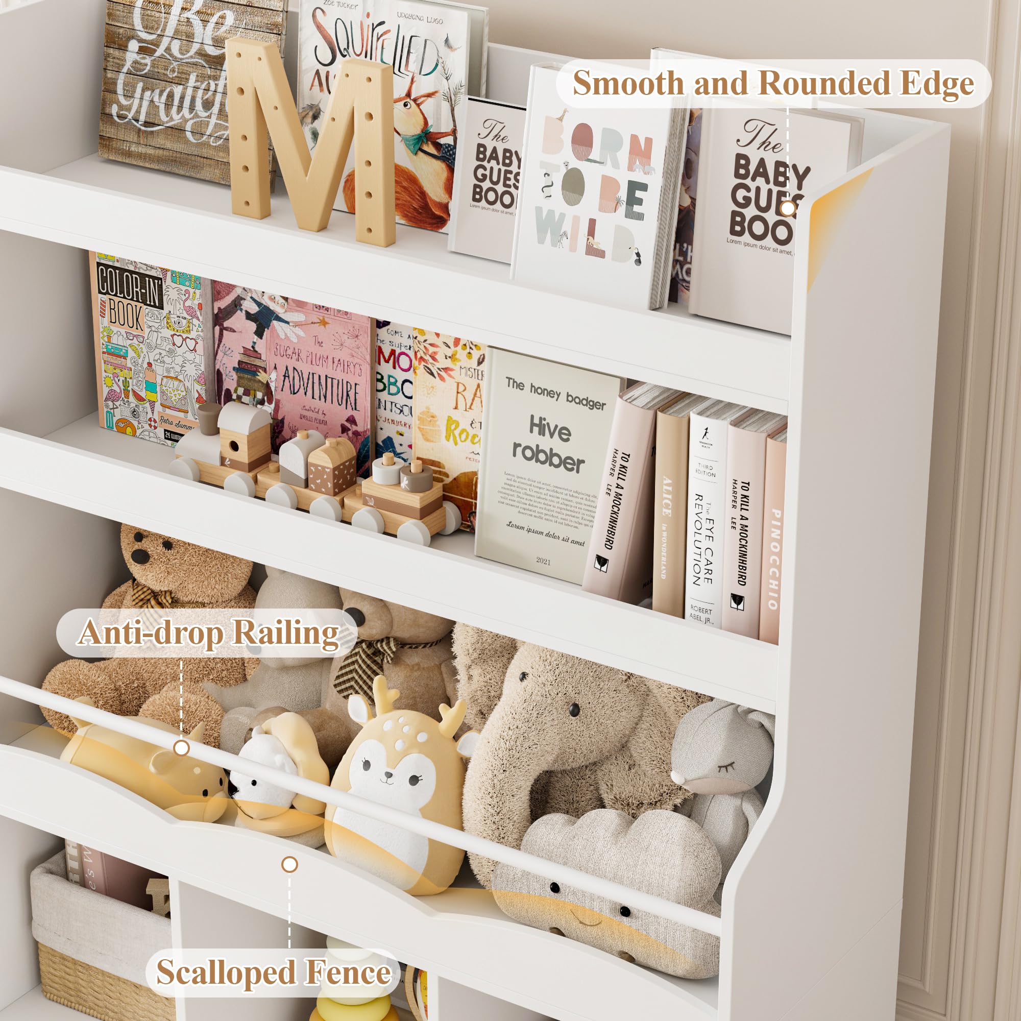 HITHOS 55.3" H Kids Bookshelf with Toy Storage Organizer, Tall Book Shelf with 3 Movable Toy Storage Bins, Large Kids Bookcase with Toy Chest, 39.2" W Modern Toy Box for Kid Room, Playroom, White