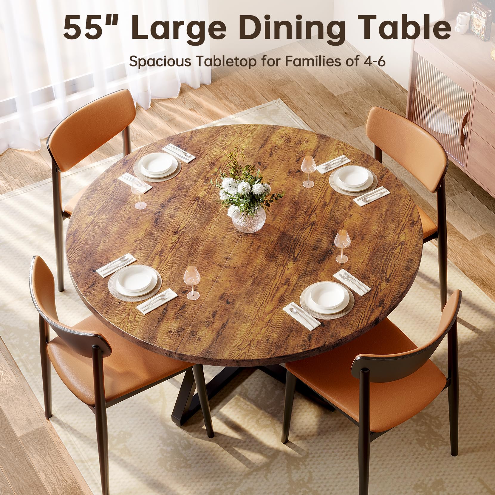 Concho 55" Round Table for 4-6, Circle Dining Dinner Table with Pedestal Metal Frame, Space Saving Wood Kitchen & Dining Room Furniture, Farmhouse Brown